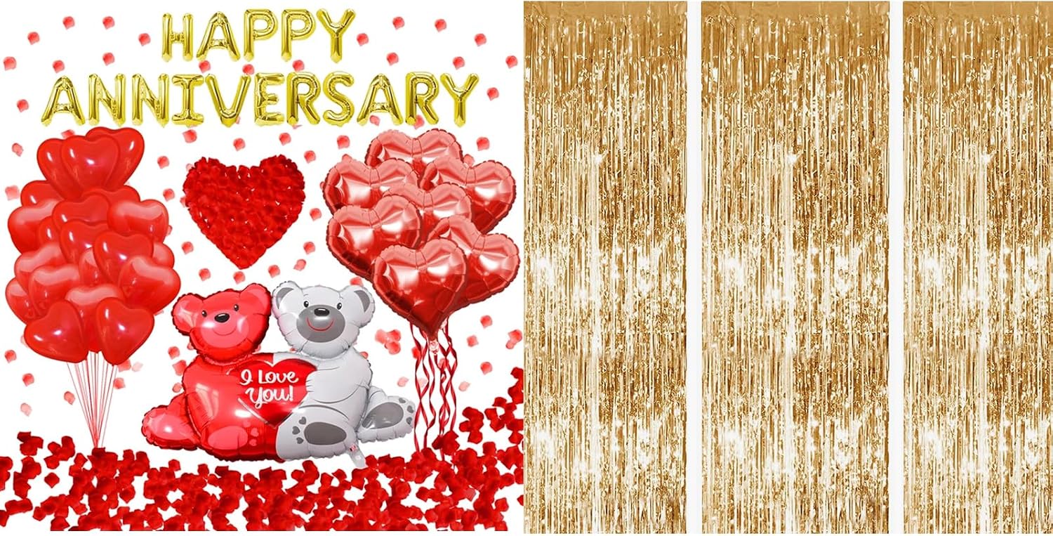 【Anniversary Decor Premium Bundle】Happy Anniversary Foil Balloon Set & Gold Fringe Tinsel Curtains Backdrop - Complete Party Supplies with Red Petals for Romantic Celebration