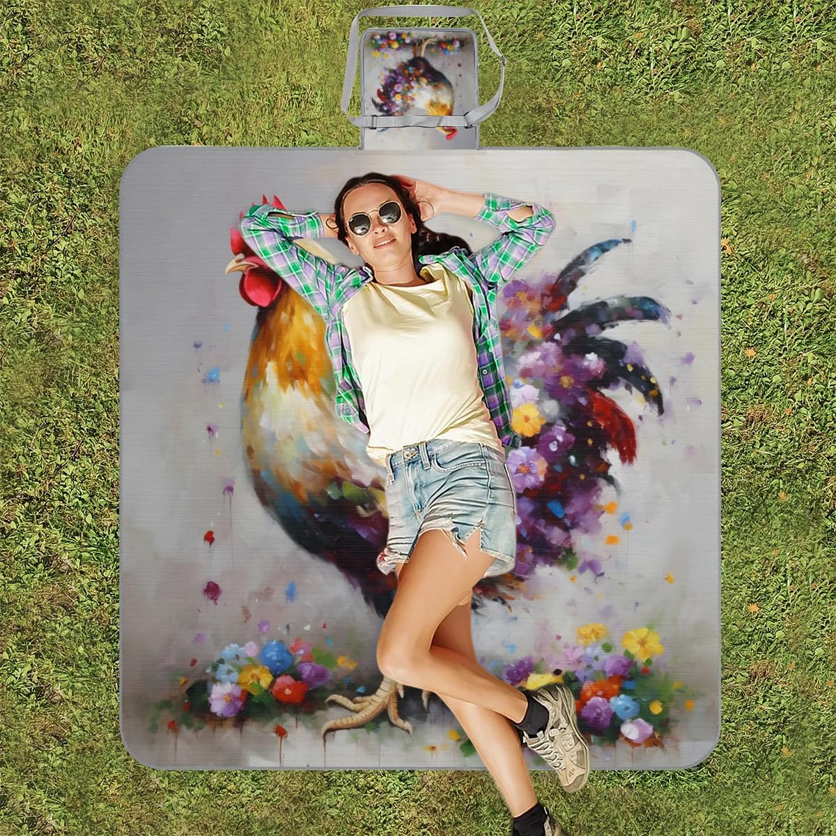 Mantas de picnic de 150 x 145 cm, diseño de flores de aceite, gallo y pollo, manta de playa plegable para exteriores, impermeable, para playa, camping, senderismo, picnic