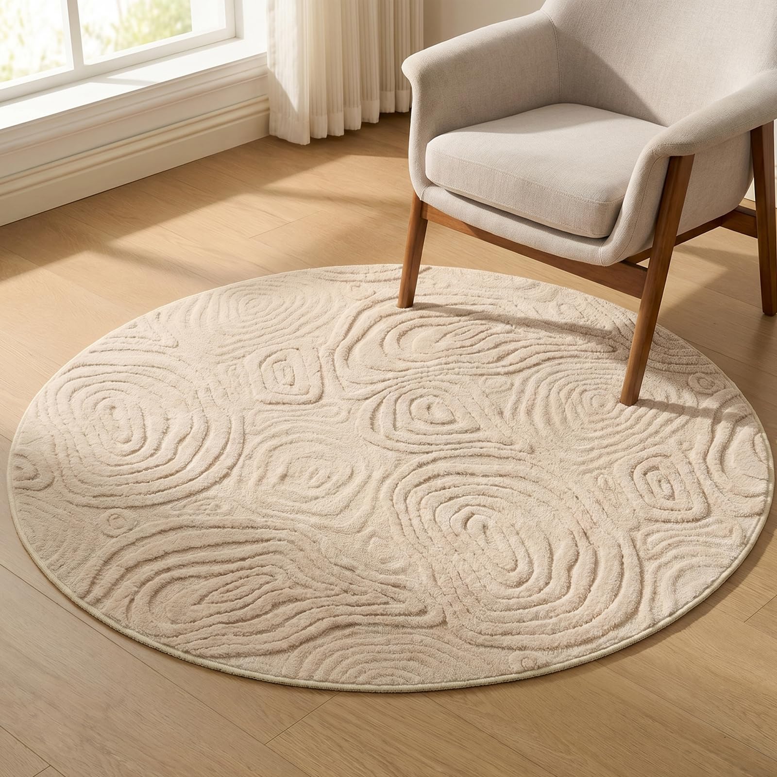 Dnlaphbh Small Round Rug 60cm, Beige Circle Rugs for Bedroom,Modern 3D Short Pile Rug Geometric High-Low Design, Washable Non Slip Carpet,Circular Rugs Living Room,Kids Lounge,Nursery(Beige)