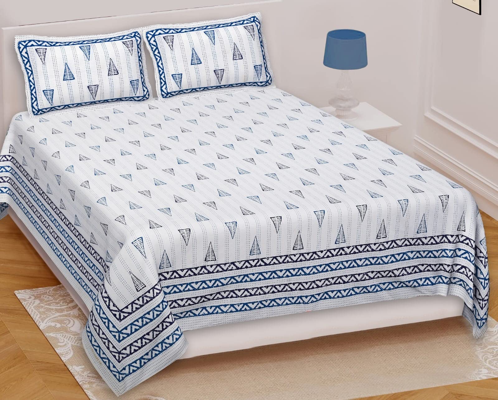 Jaipuri Kaladouble Bed sheet with 2 pillow cover, king size printed indian cotton bedding set of jaipuri floral print pattern (Size-108 inch X 108 Inch) (Multicolor-1)