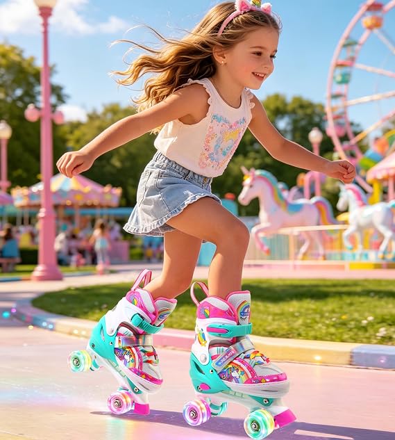 Unicorn Rainbow Kids Roller Skates for Girls Boys Toddler Ages 3-12, Adjustable Beginner Profession Kids Quad Skates, Children's Rollerskates for Birthday Xmas Gifts