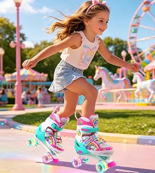 Unicorn Rainbow Kids Roller Skates for Girls Boys Toddler Ages 3-12, Adjustable Beginner Profession Kids Quad Skates, Children's Rollerskates for Birthday Xmas Gifts