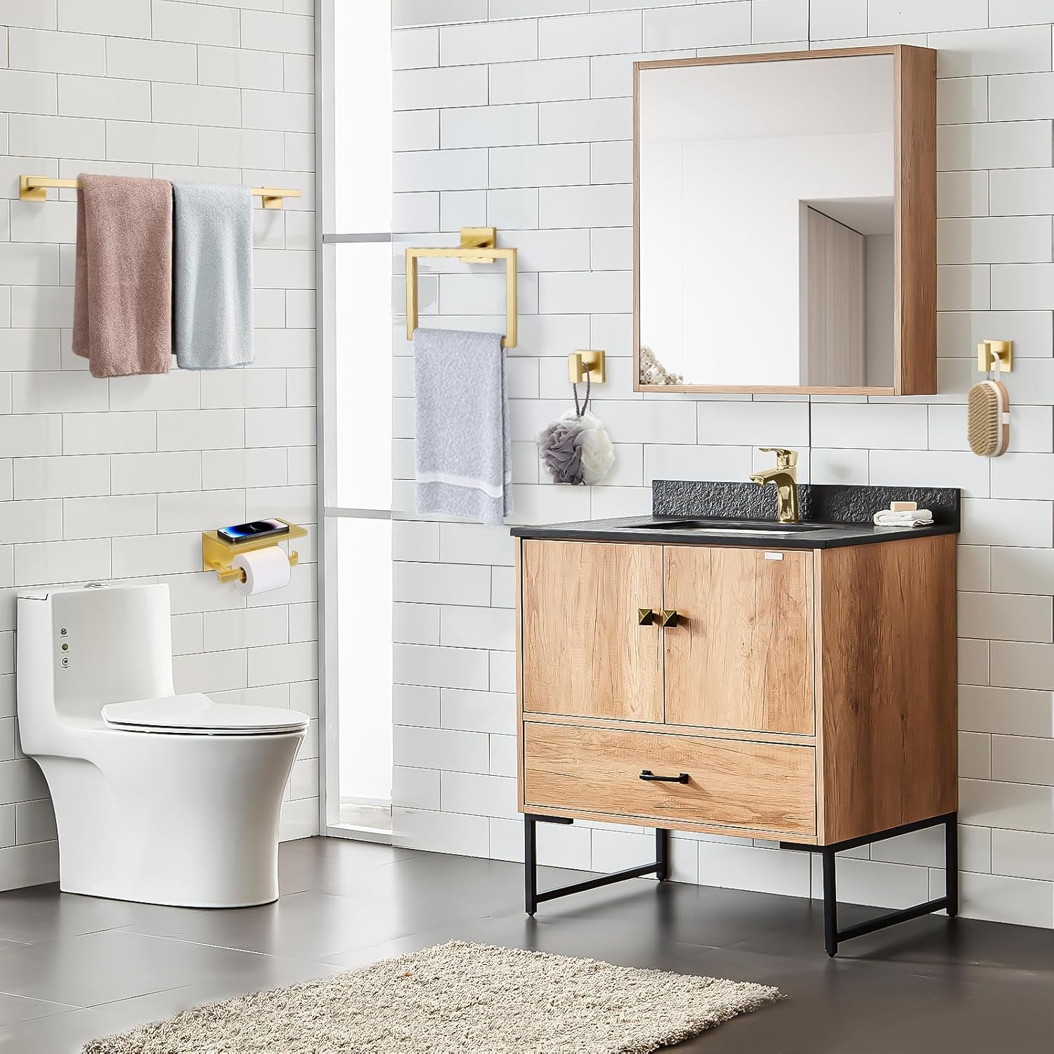 TQKAG 5-Pieces Brushed Gold Bathroom Hardware Accessories Set 23.6" SUS304 Stainless Steel Towel Bar Set Wall Mounted Square Toilet Paper Holder with Shelf - Image 7