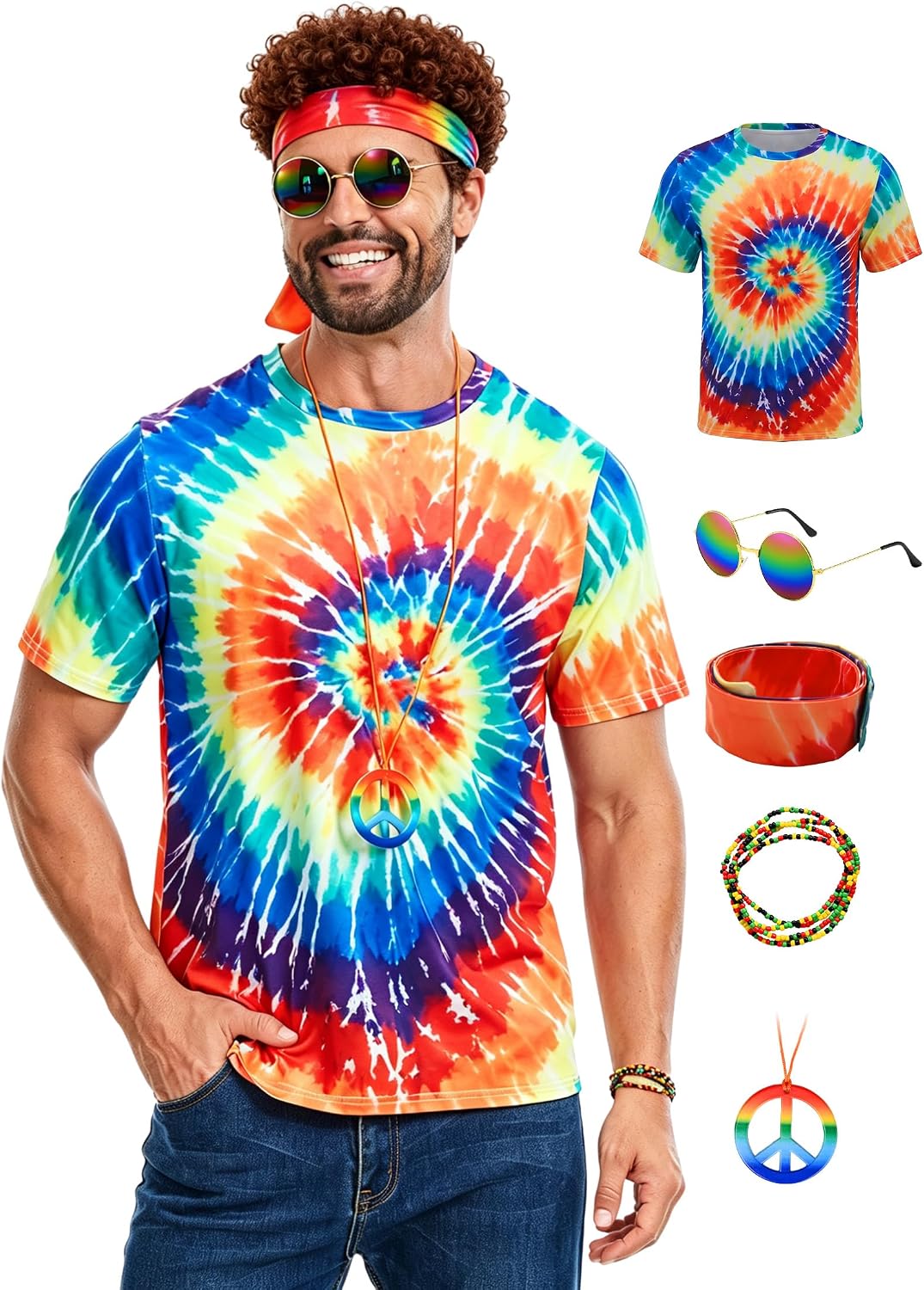 60s 70s Outfits for Men Hippie Costume for Men Tie Dye Shirt with Accessories Set Hippy Halloween Costume