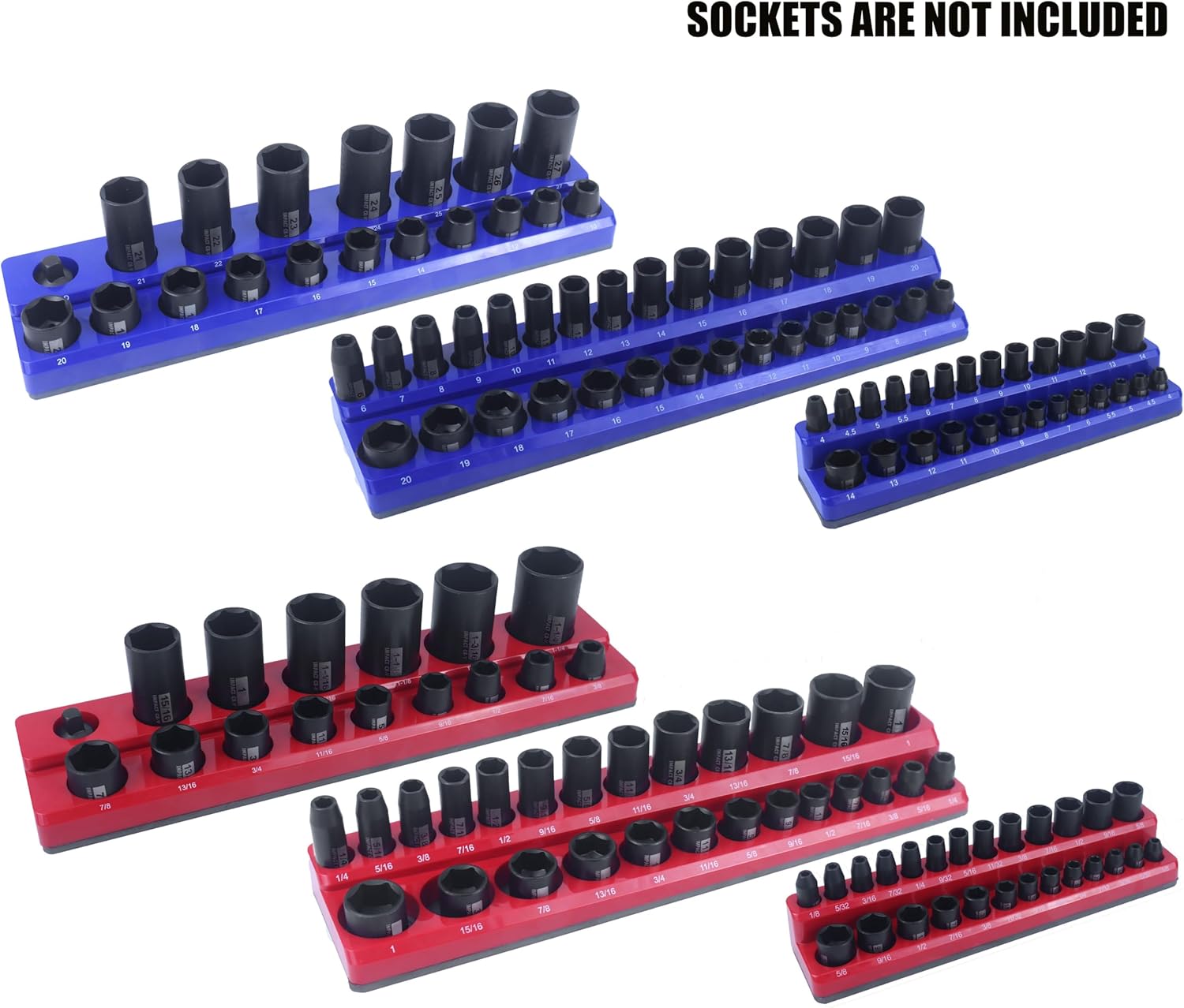 SEKETMAN Magnetic Socket Organizer Set,6pcs Socket Tool Holder Includes 1/4", 3/8", 1/2" Metric And SAE, Holds 143pcs Shallow And Deep Size Sockets, Two Colors Distinguish Between Metric And SAE