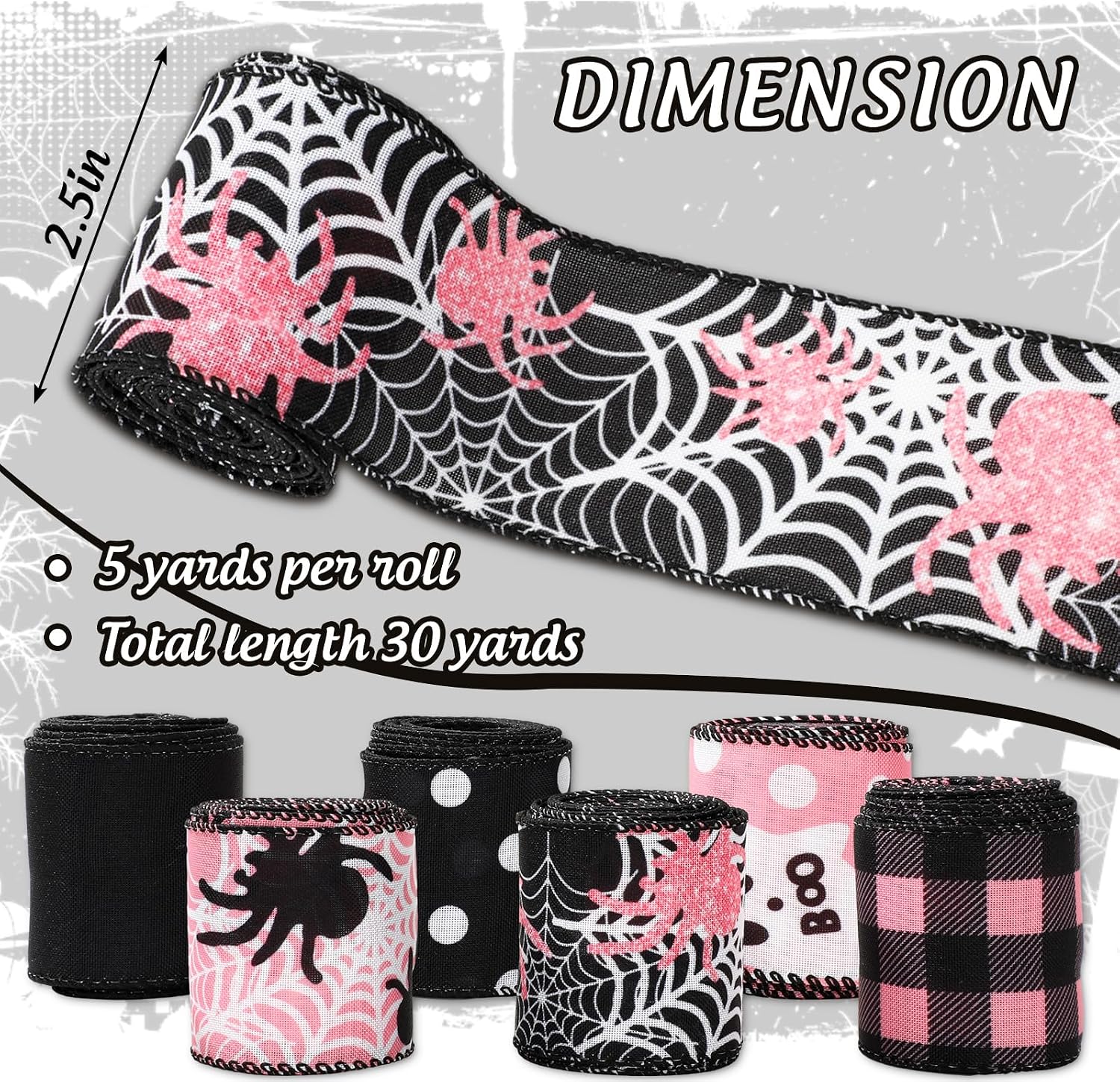 Whaline 6 Roll Halloween Wired Edge Ribbon Ghost Boo Spider Web Ribbon Pink Black Fabric Ribbons for Wreath Bow Making DIY Crafts Wrapping, 30 Yard