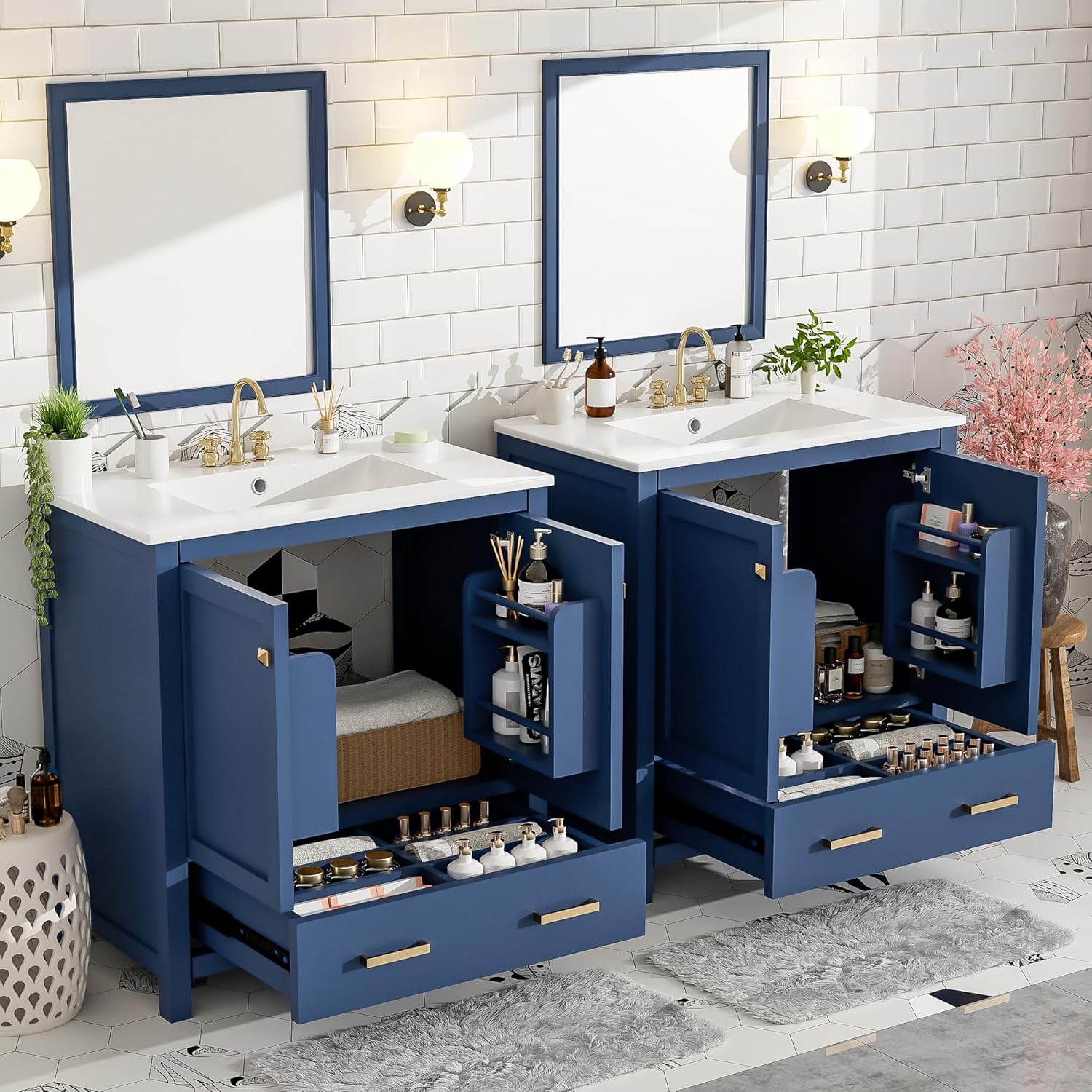 Harper & Bright Designs 60" Bathroom Vanity Set with Double Sink, Vanity Cabinet with Divided Drawers, 2 Doors, and Storage Racks, Wood Bathroom Cabinet with Ceramic Basin for Bathroom, Blue
