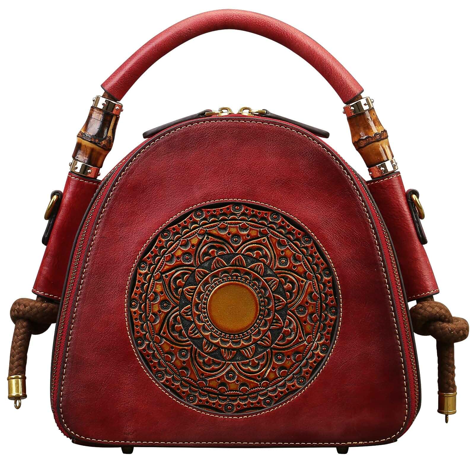 Zhuoliang Genuine Leather Pocketbooks for Women, Retro Organizer Top Handle Satchel Totem Leather Handbag Ladies