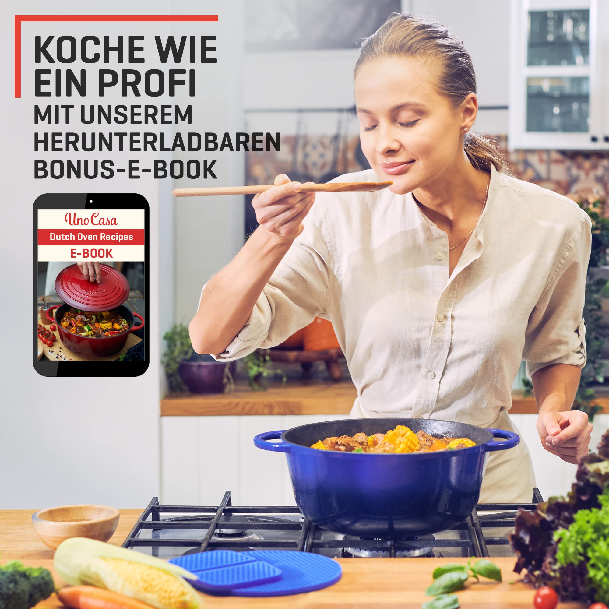 Uno Casa Blau Emaillierter Dutch Oven Gusseisen Topf - Dutch Oven 6 Liter Bräter mit Deckel, Langlebig, Natürliche Antihaft-Emaille-Beschichtung mit Silikongriffen und Untersatz