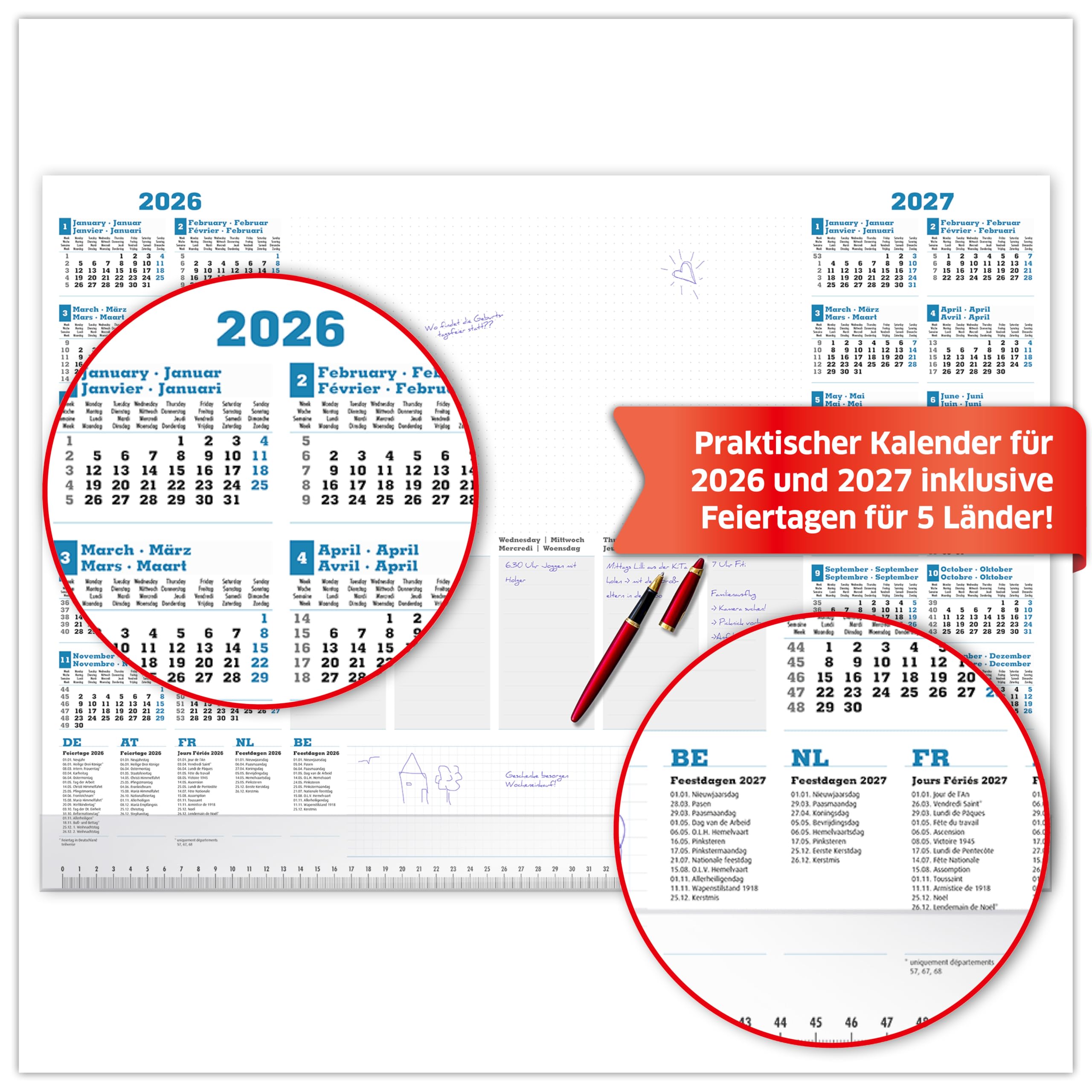 PRIMUS PRINT Schreibtischunterlage Papier DIN A2-2026 & 2027 Jahreskalender - 80g Dickes Naturpapier - Stabiler Papprücken - 25 Blatt - mit Schutzleiste - Büro und Homeoffice [10er Set]