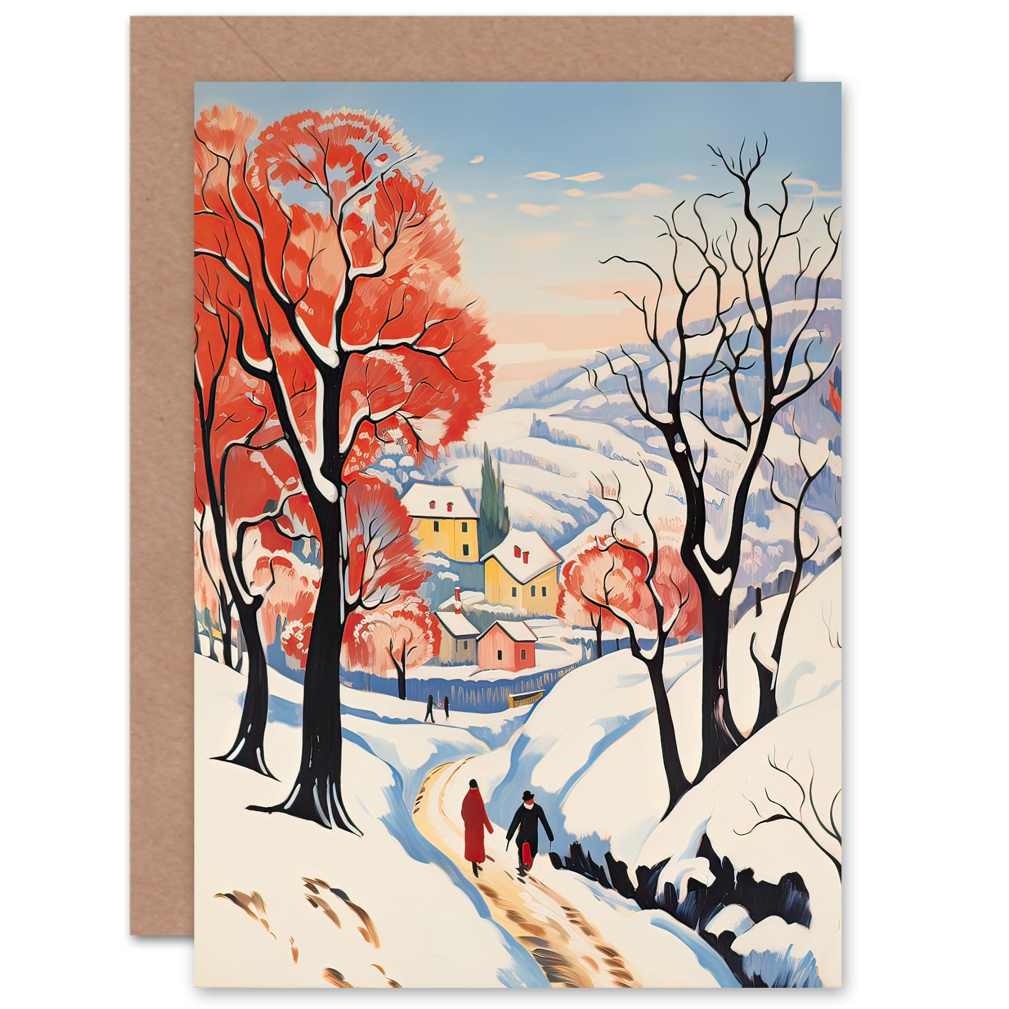 Artery8 Winter Village Snow Sunshine for Him or Her Man Woman Birthday Thank You Get Well Soon Blank Art Greeting Card