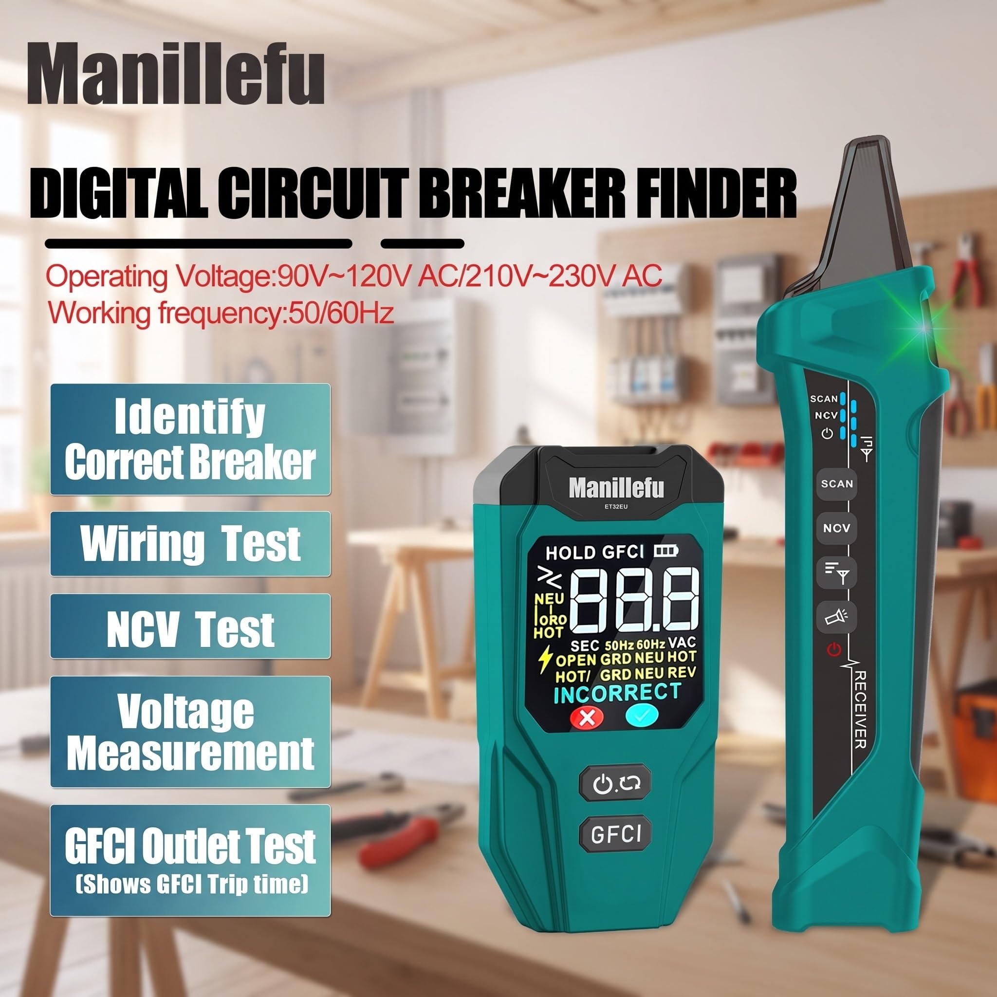 Testeur de prise ET32 - Détecteur de fusibles - Détecteur de disjoncteur avec écran LCD - Testeur de tension sans contact - Testeur de phase NCV - Détecteur de câble/testeur de courant