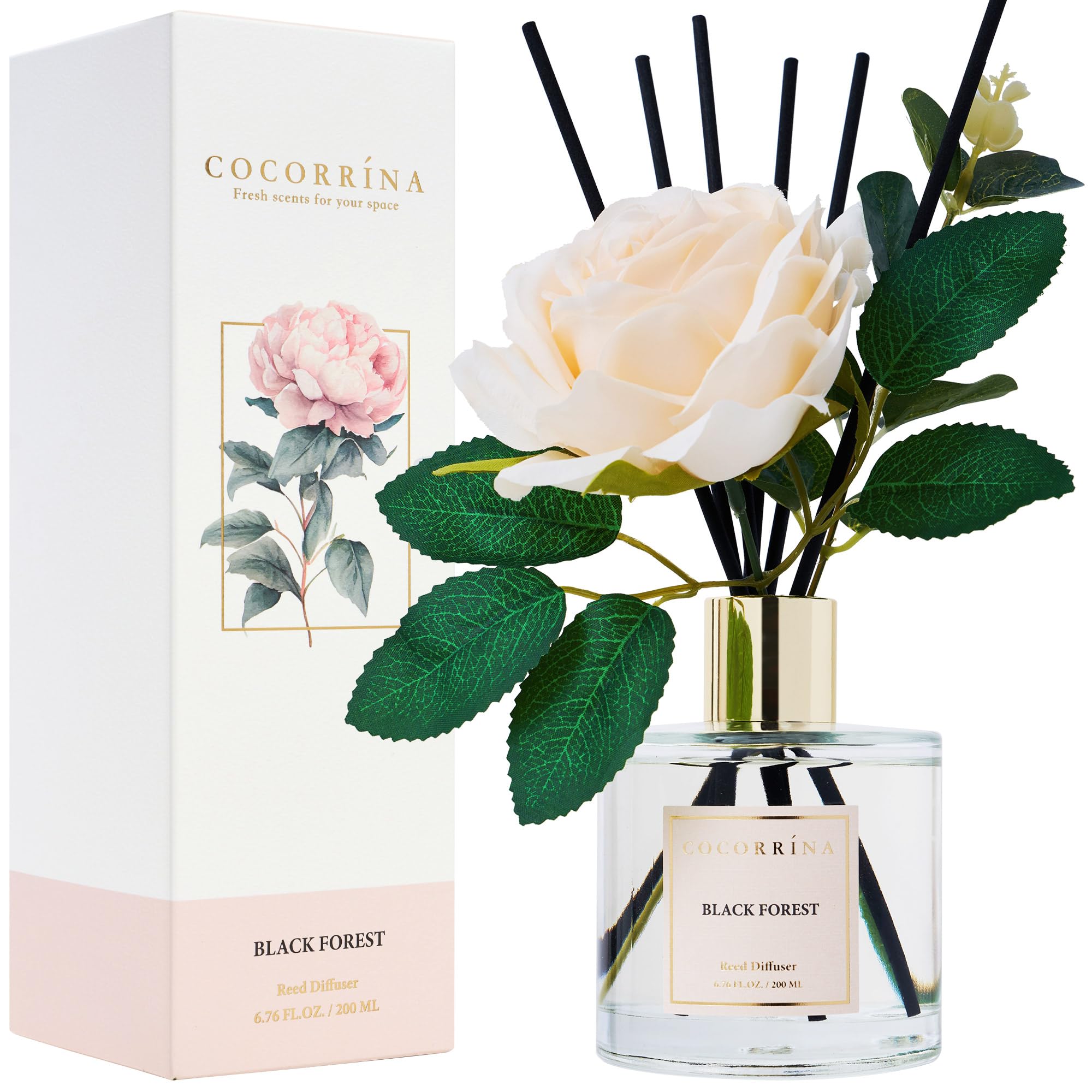 Cocorrina Reed Diffuser Set, Flower Reed Diffuser Black Forest 6.7 oz, Scented Diffuser with Sticks Home Fragrance Essential Oil for Bathroom Shelf Decor, Living Room, Large Room, 1pack