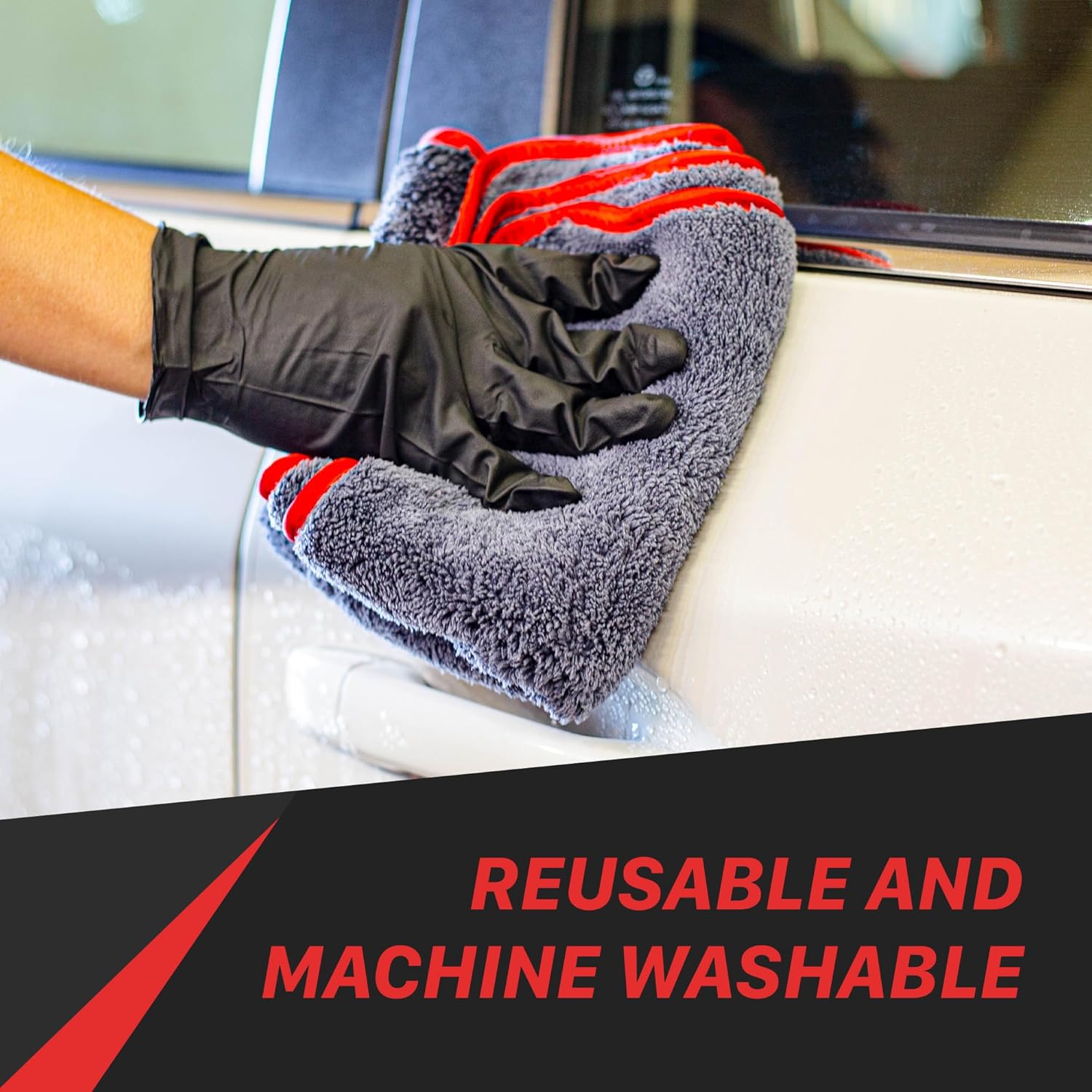 Maxshine 16”x24” Universal 12-Pack Gray Microfiber Towel - 600GSM Red Silk Border - Perfect for Fast Car Washing & Drying - Premium Car Detailing Towels