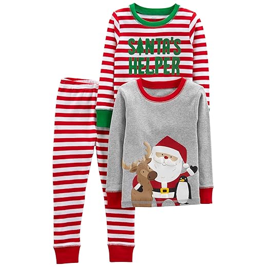 Simple Joys by Carter's Baby Boys' 3-Piece Snug-Fit Cotton Christmas Pajama Set, Pack of 3, Grey Santa/Red Stripe, 18 Months