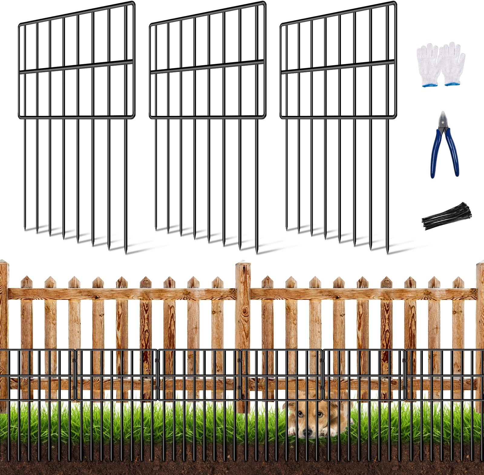 25 Pack Garden Animal Barrier Fence, 17in(H) x27ft(L) No Dig Decorative Fences, 1.5in Spike Spacing Rustproof Metal Garden Fence Border for Dogs Rabbits, Bottom Blocker for Outdoor Yard Patio