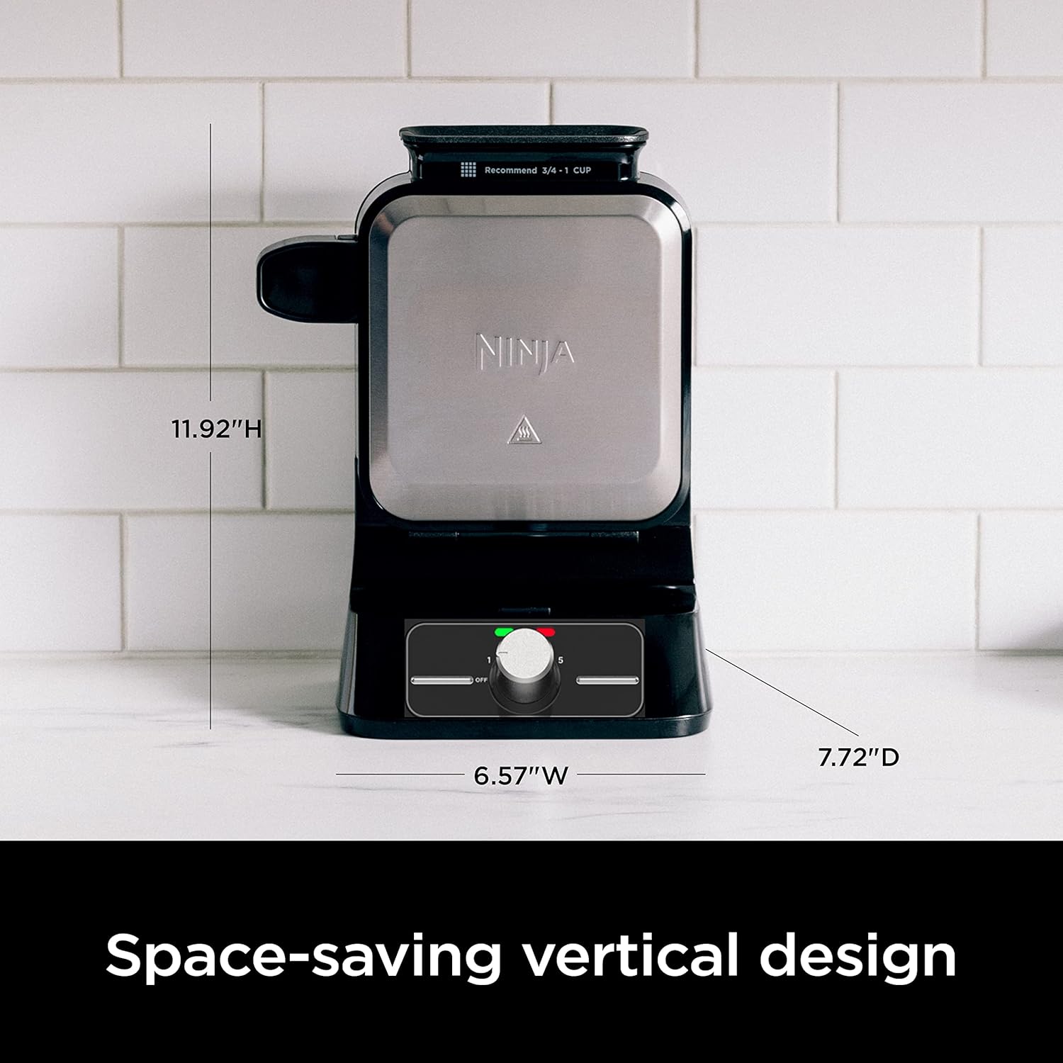 Ninja BW1000C Belgian Waffle Maker, Nonstick, 5 Shade Settings, Easy to Clean, Black/Silver, 12 inch