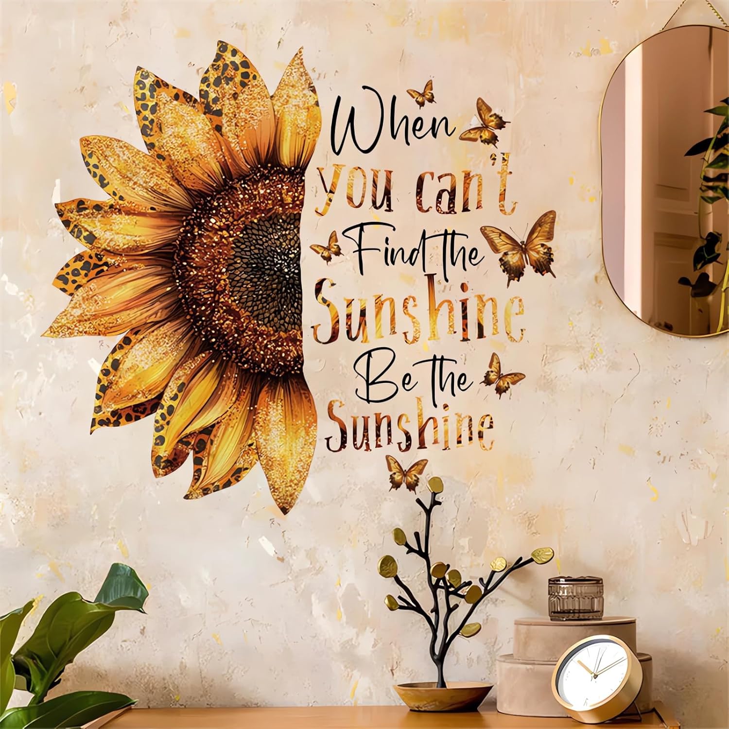 Sunflower Sunshine Butterfly Wall Stickers, Inspirational Quotes Motivational Flower Wall Decals Removable Vinyl Peel and Stick Kitchen Nursery Bedroom Classroom Office Art Home Decorations