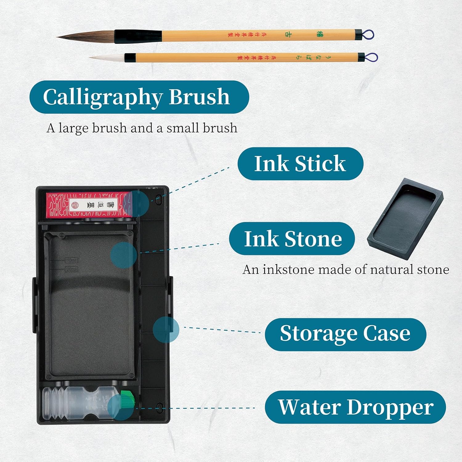 Kuretake Calligraphy Set, Japanese Calligraphy Supplies Kit, Brushes, Sumi Ink stick and Water, Professional, Writing, Drawing, Ink Art, Kanji, Painting, for Beginners (Intermediate learners)