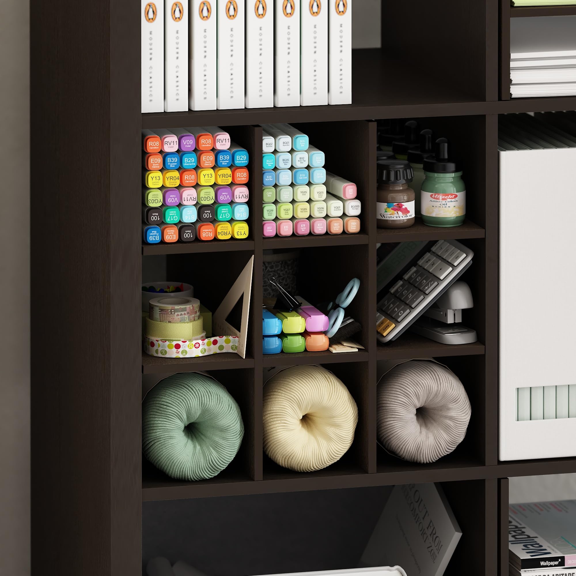 Furinno CUBICLE Inserto Per Cubo, Organizzatore A 9 Scomparti, Compatibile Con Cubi Extra Spessi, Per Organizzazione E Contenimento, Rovere Scuro (Non Adatto Alle Scaffalature IKEA Kallax)