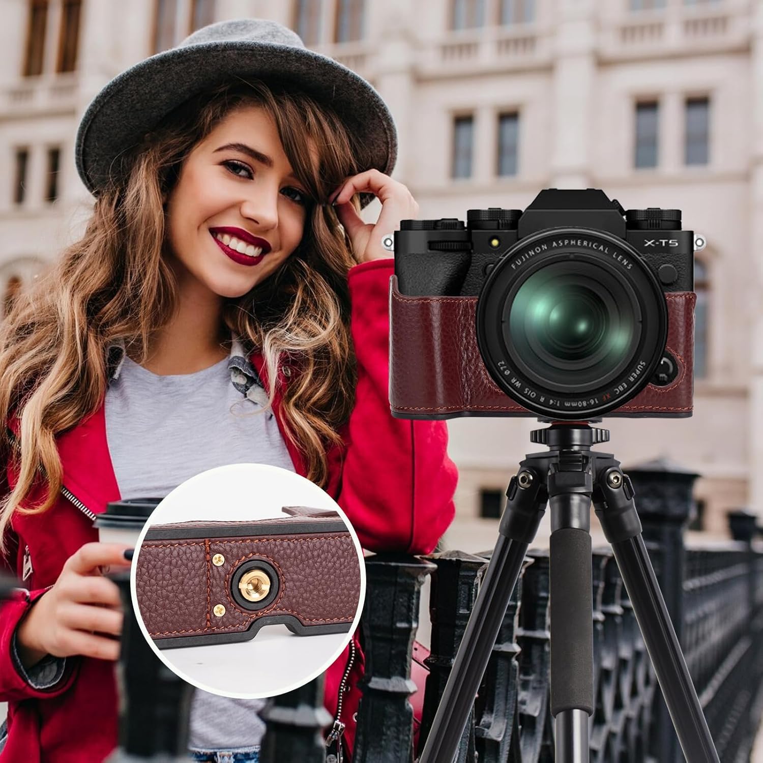 Rieibi Fuji XT5 Case - Quality Genuine Leather Half Case for Fujifilm X-T5 Digital Camera - Body Protective Grip Case for Fuji XT5 X-T5, Coffee, Photography, Travel, Outdoor Activities