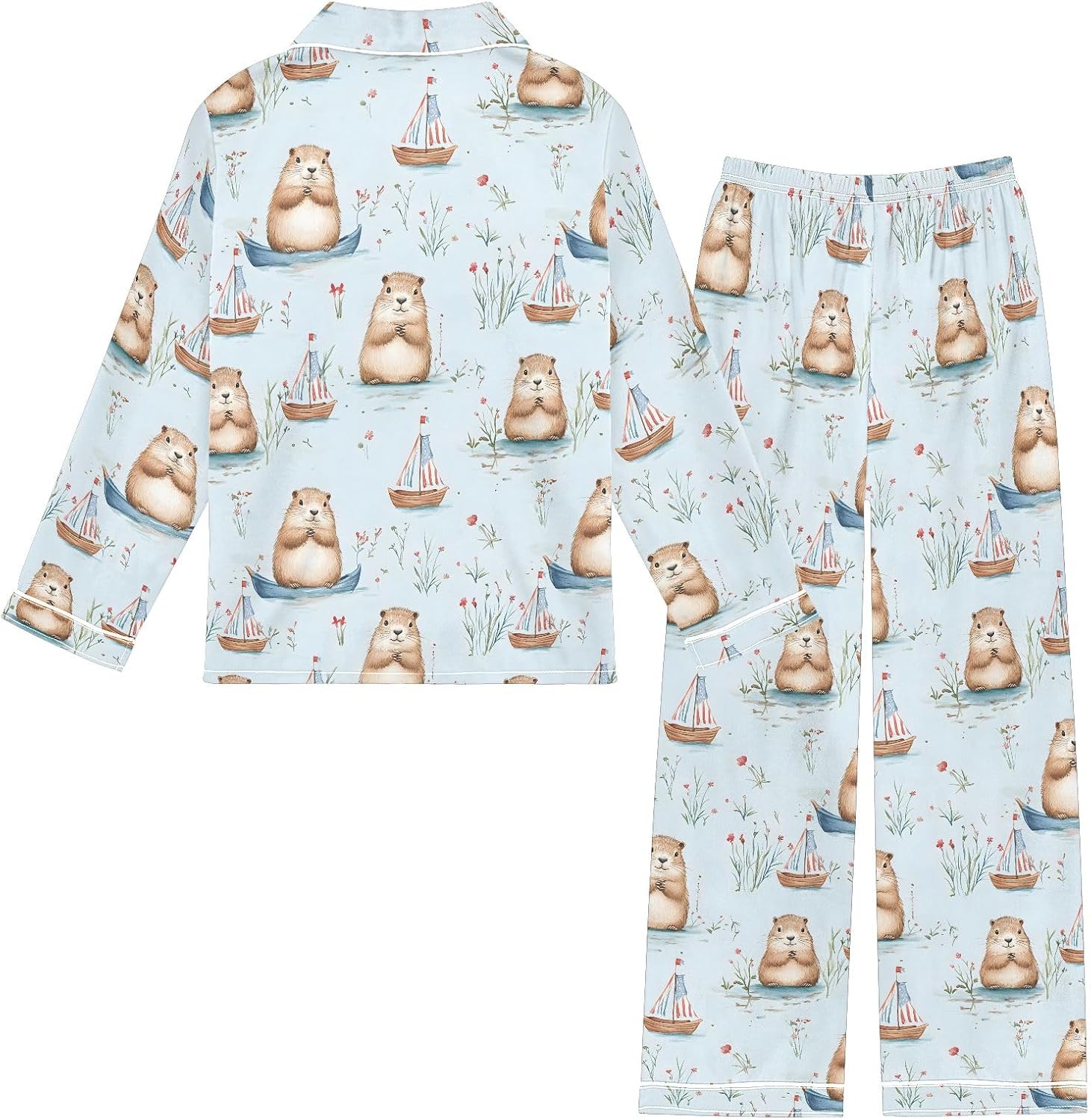 Kids Casual Satin Wear Set Watercolor Boat Groundhog Pattern Unisex Relaxed Fit Clothing