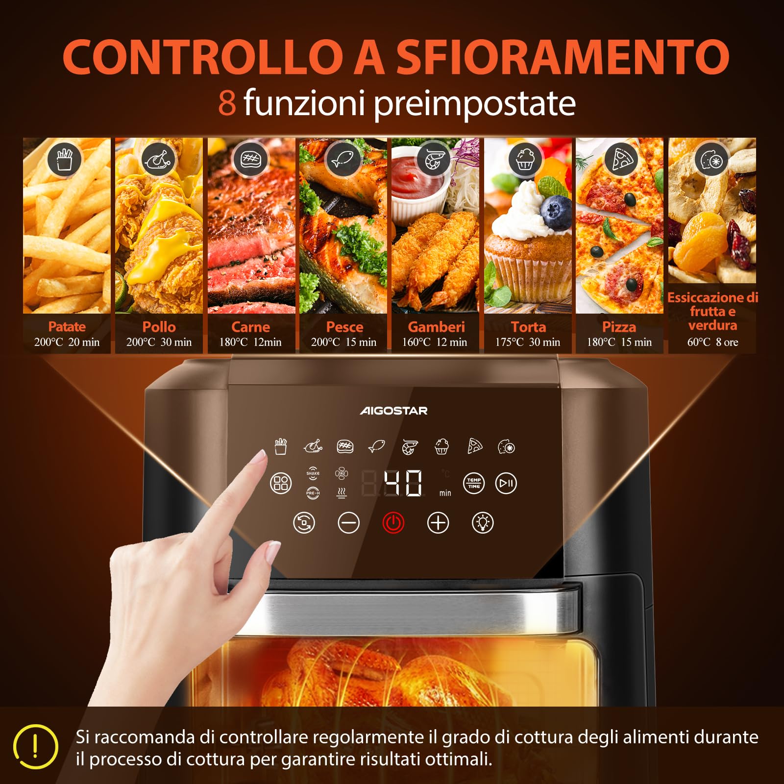 Aigostar Owen - Friggitrice ad aria da 12 litri, Forno ad aria multifunzione, 1700 W, Touch screen LED, 8 modalità preimpostate, include 7 accessori, sistema rotante, BPA FREE