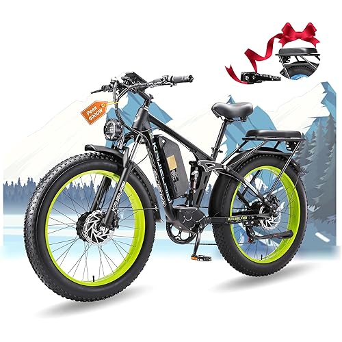 Electric Bike for Adults, 6000W Peak 38MPH 26” Fat Tire Dirtbike, AWD Ebike Dual Motor, 52V 26AH Removable Battery Fast Dual Hydraulic Brake Electric Dirt Bike Full Suspension Ebikes.