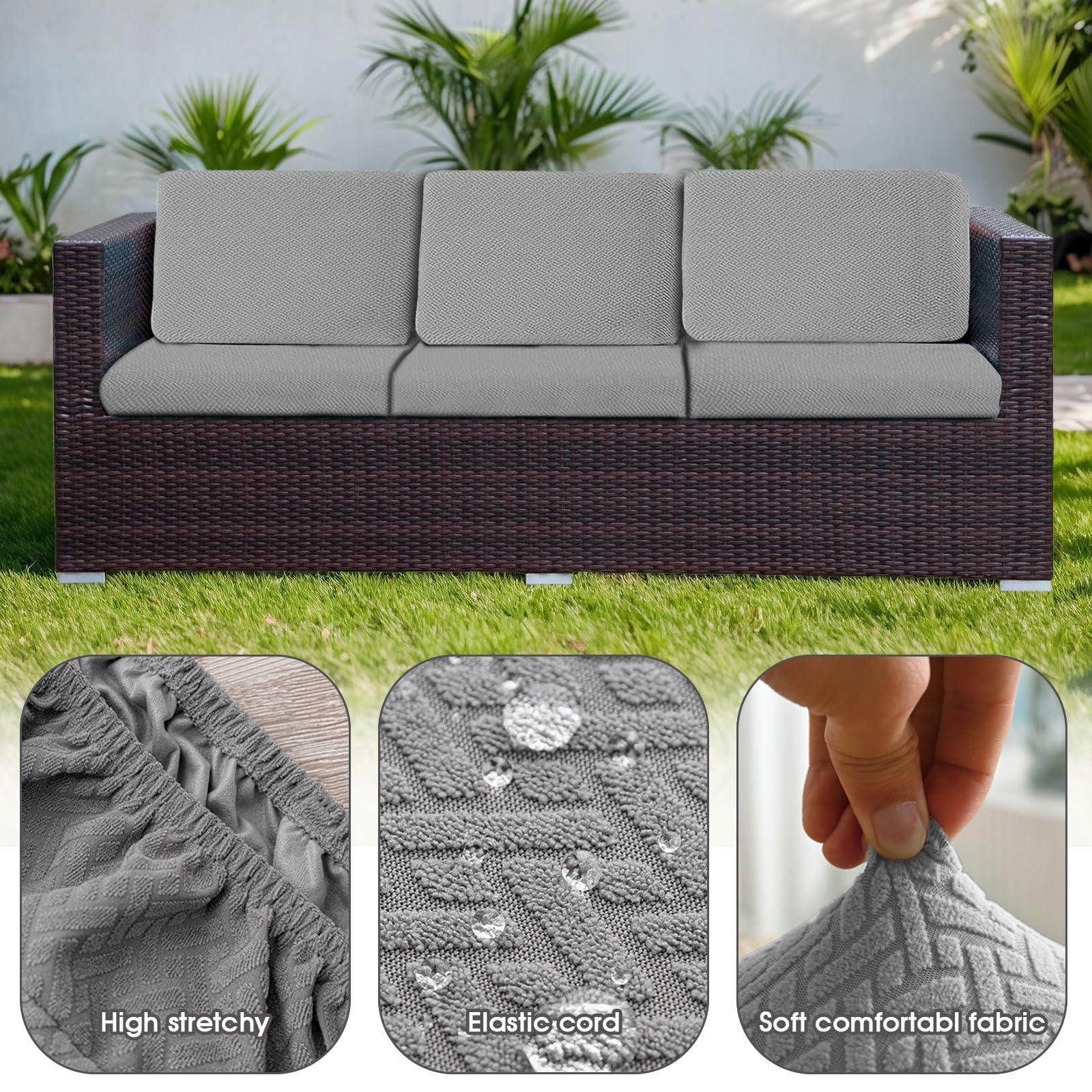 Outdoor Waterproof Couch Cushion Covers, Stretch Individual Patio Chair Cushion Outdoor Seat Cushion Pad Replacement Sofa Cushion Protector Sofa Slipcover for Outdoor Garden (Light Grey, 3Pcs)
