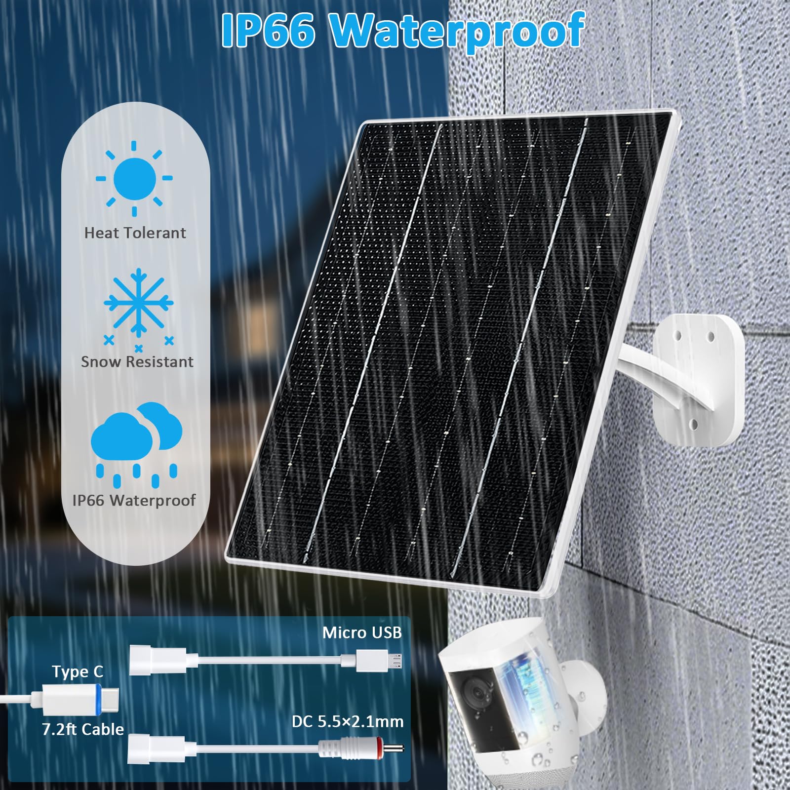 FUTUREZEN Panel solar de 8 W para cámara de seguridad, cargador solar con USB-C, micro USB y puerto CC de 5,5 x 2,1 mm, compatible con cámara de batería recargable de 5 V CC, impermeable IP66, montaje