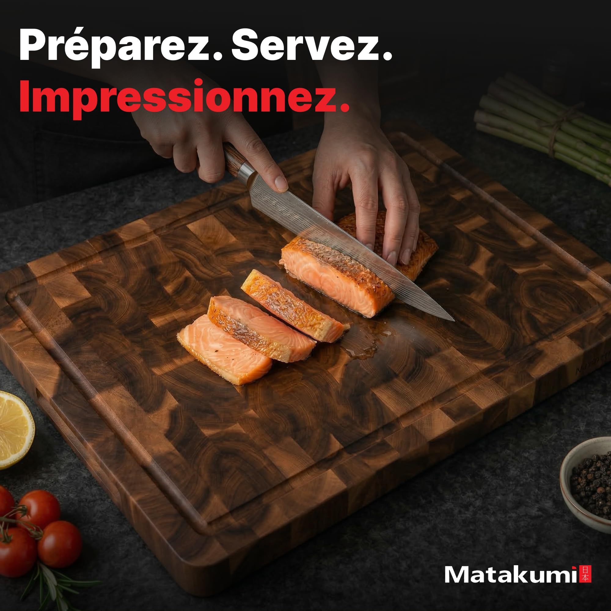 Matakumi Planche à Découper Bois - Planche de Cuisine en Bois d’Acacia avec Poignées Latérales, Rigole à Jus et Bois de Bout pour Préserver les Lames de Couteaux - Double Face (40 x 30 x 3 cm)