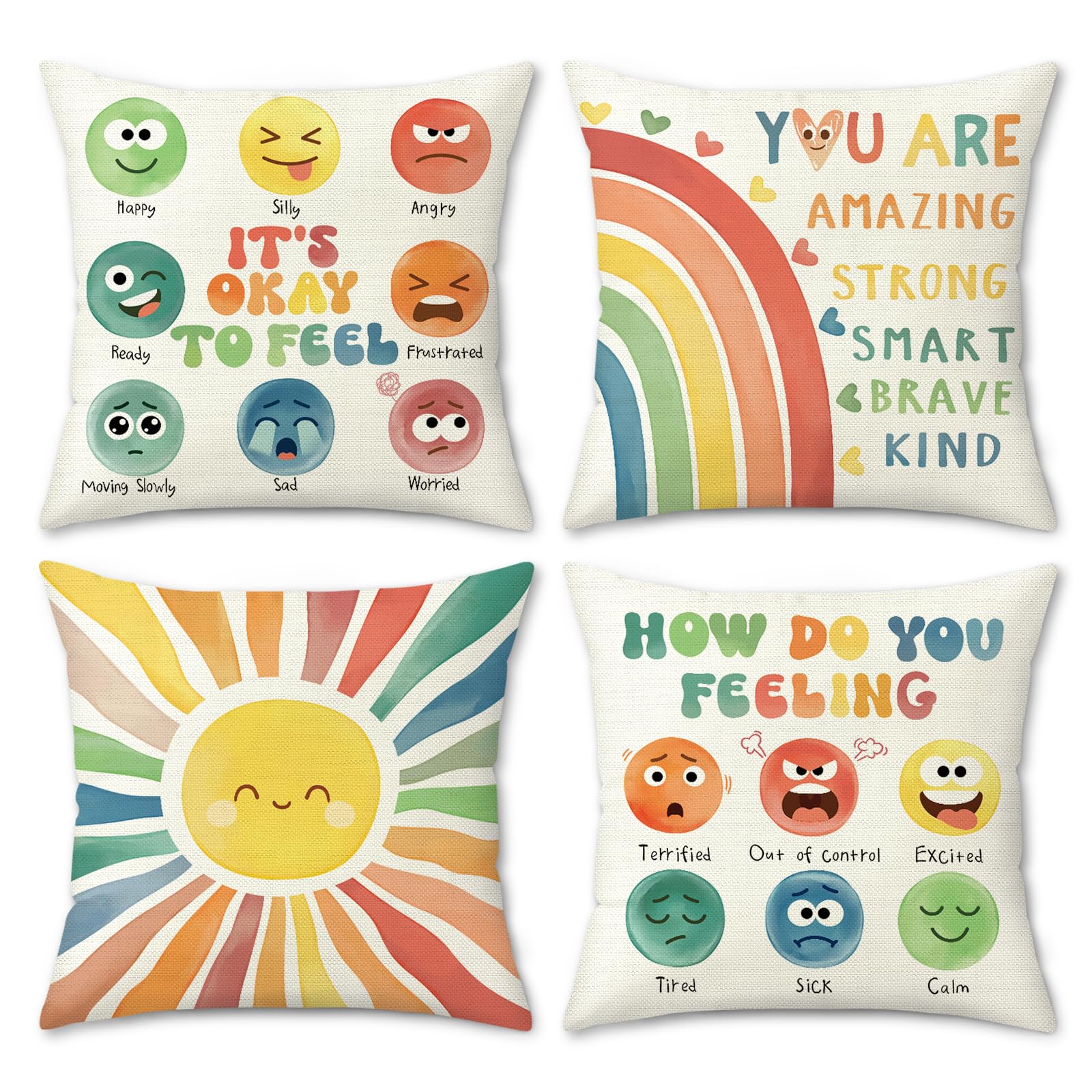 COZZSNUGE Calming Corner Cushion Covers Kids Rainbow Sun Emotion Polyester Decorative Pillowcases for Home Bed Classroom Nursery Reading Corner 45 x 45 cm Set of 4