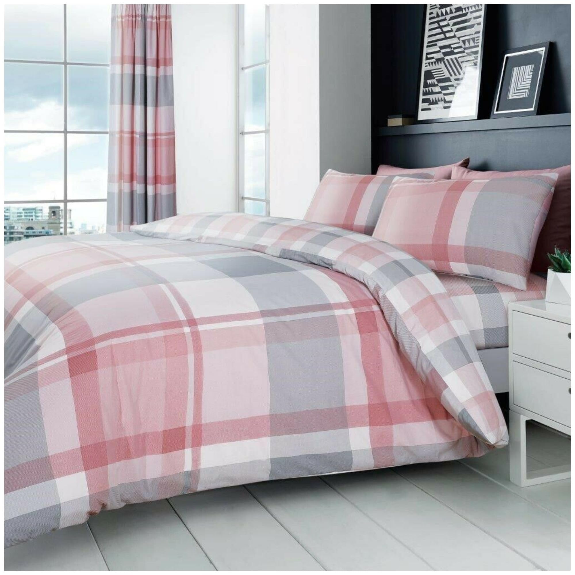 VELVETIO Waverly Check Duvet Set with Matching Pillowcase, Easy Care Reversible Polycotton Checked Bedding Hypoallergenic Checkered Quilt Cover, Single Size, Blush Pink