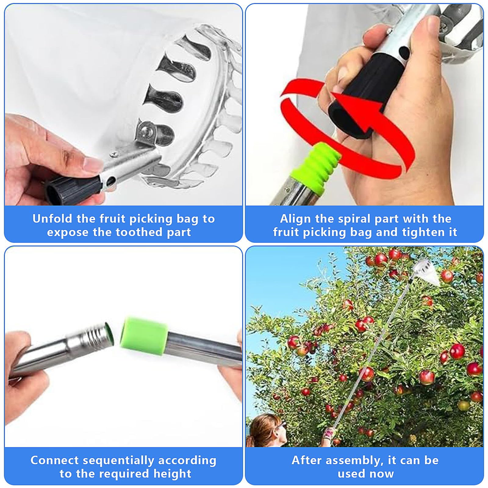 3,2 m raccogli frutta con manico telescopico, diametro 16 cm, raccogli mele, con sacchetto di cotone, in acciaio inox, per mele, agrumi, pere