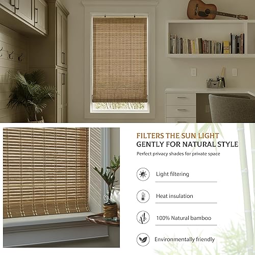 Miniatura 4 de LazBlinds Persianas de bambú sin cordón, persianas enrollables de bambú para ventanas, cortinas colgantes con filtro de luz, persianas de bambú para