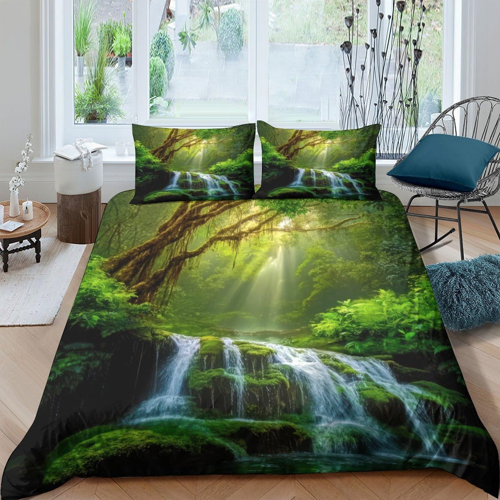 Ctjqhvkz Style-3 3D Printed Forest Waterfall Fitted Sheet Microfiber Non-Slip Bed Cover Bedroom Decor Soft Machine Washable Single（135X200cm）