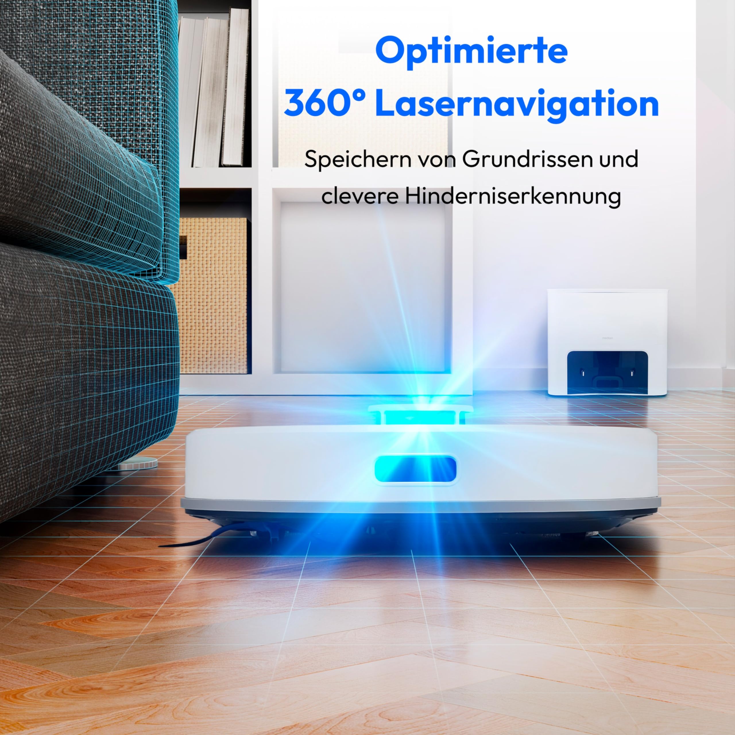 MEDION Saugroboter mit Absaugstation und Wischfunktion X23 SW+ (Lasernavigation, Starke 5000Pa Saugkraft, 2in1 Roboterstaubsauger, präzise Kartenerstellung, Go & No Go Bereiche, mehrere Etagen) weiß