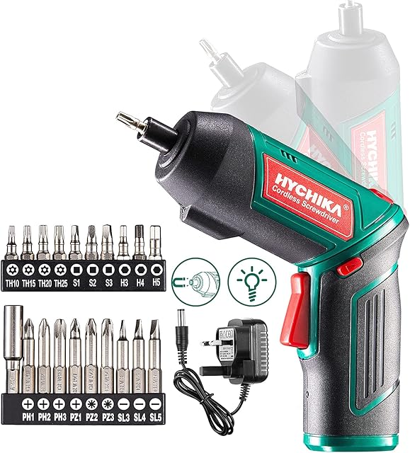Electric Screwdriver, 6N·m and 2000mAh HYCHIKA 3.6V Cordless Screwdriver with 20 Accessories, Work Light, Charger and Magnetic Chuck