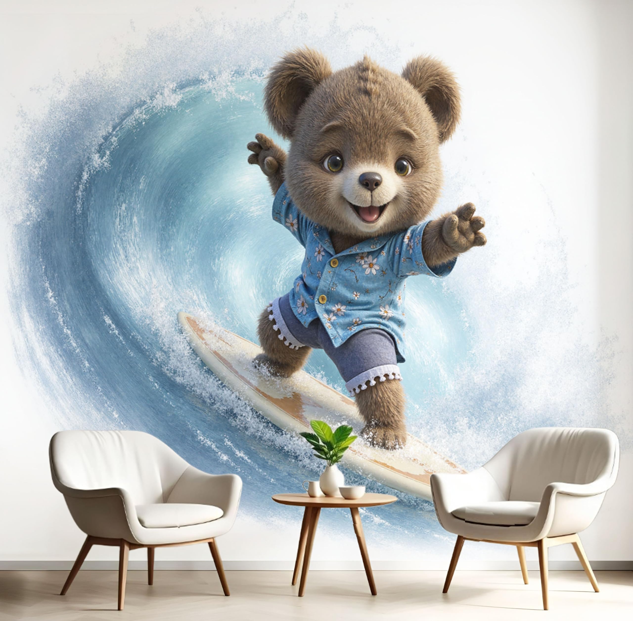 Papier peint panoramique petit ours surfant pour décorer le salon