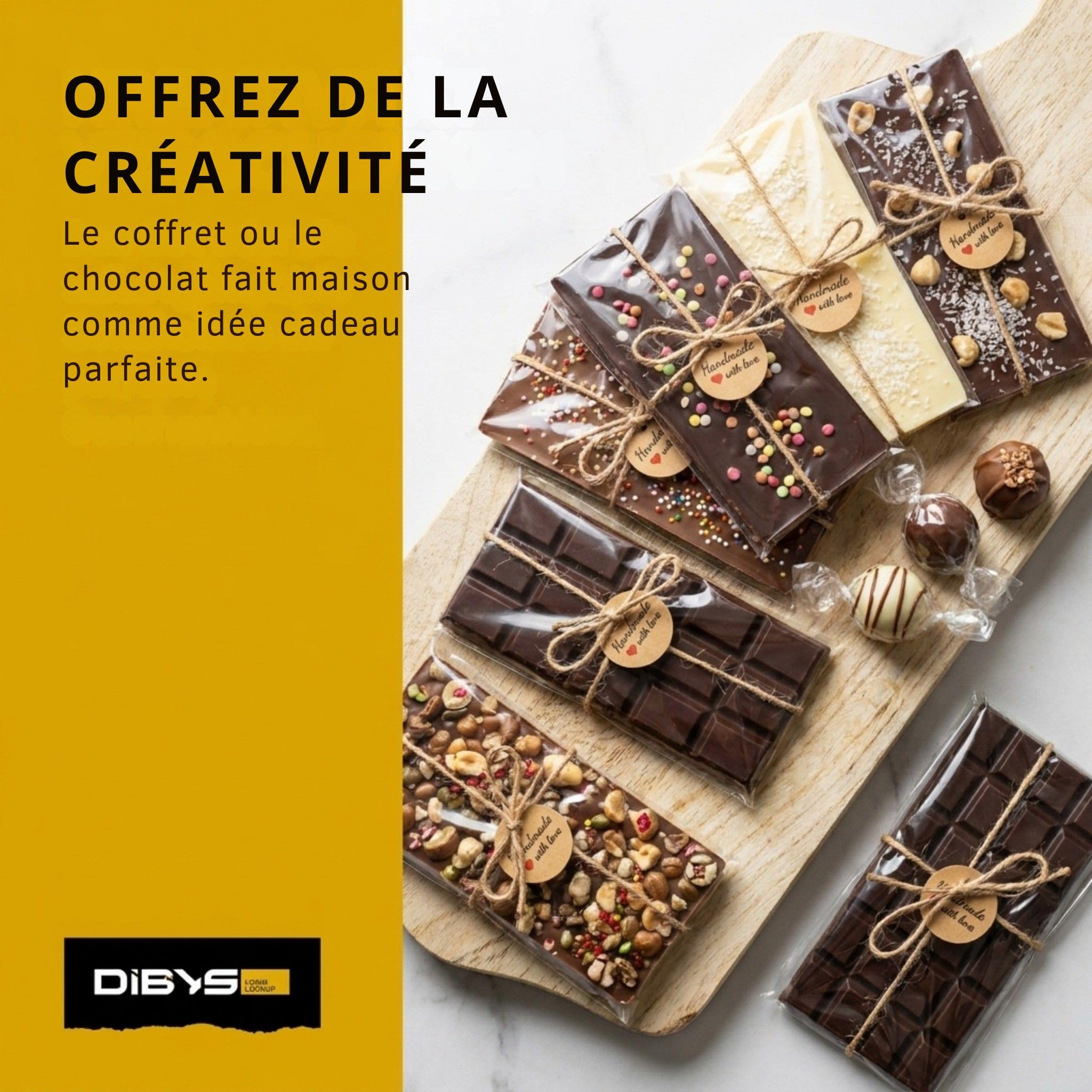 DIBYS Kit DIY Chocolat à faire soi-même | Coffret de Chocolat avec ingrédients naturels et 12 garnitures | Idée cadeau pour enfants & adultes | Idéal pour les anniversaires & Noël | Kit cuisine