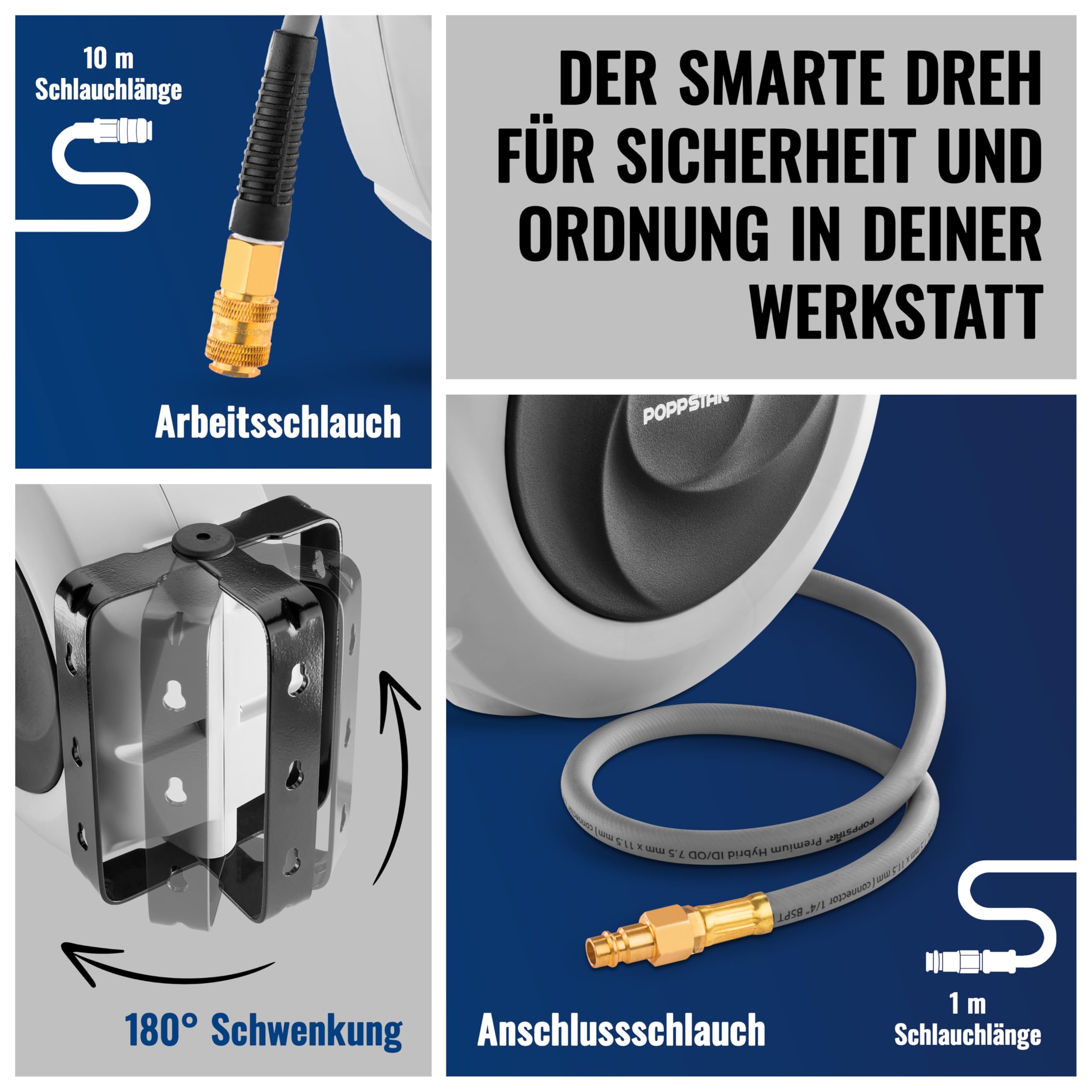 Poppstar Druckluftschlauchtrommel (10m+1m, Durchmesser 5/16" (8x12mm)) Schnellkupplung 1/4" BSPT, Schlauchtrommel mit Hybrid PVC Schlauch
