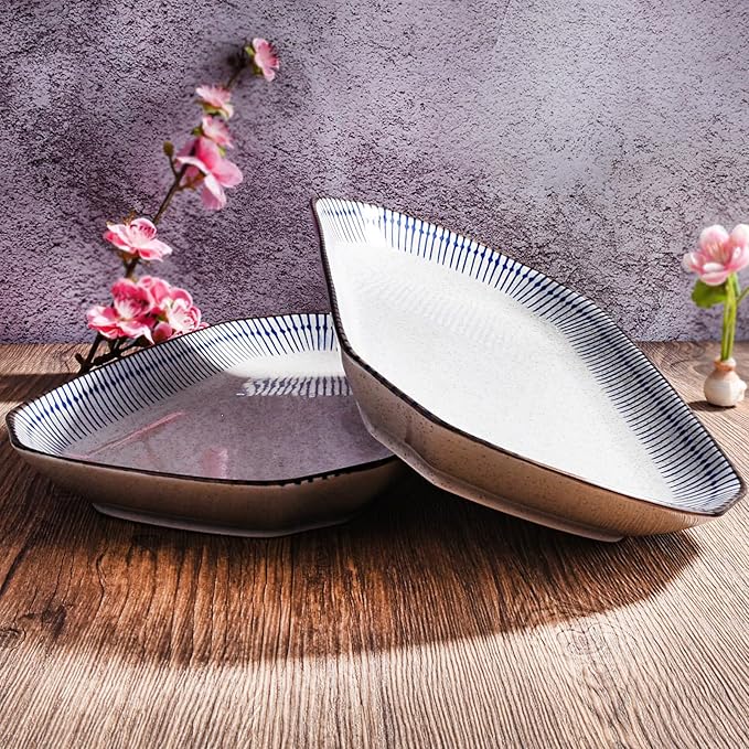 Set de 2 Platos Rectangulares Japoneses de Cerámica con Diseño de Líneas Azules miniatura 2