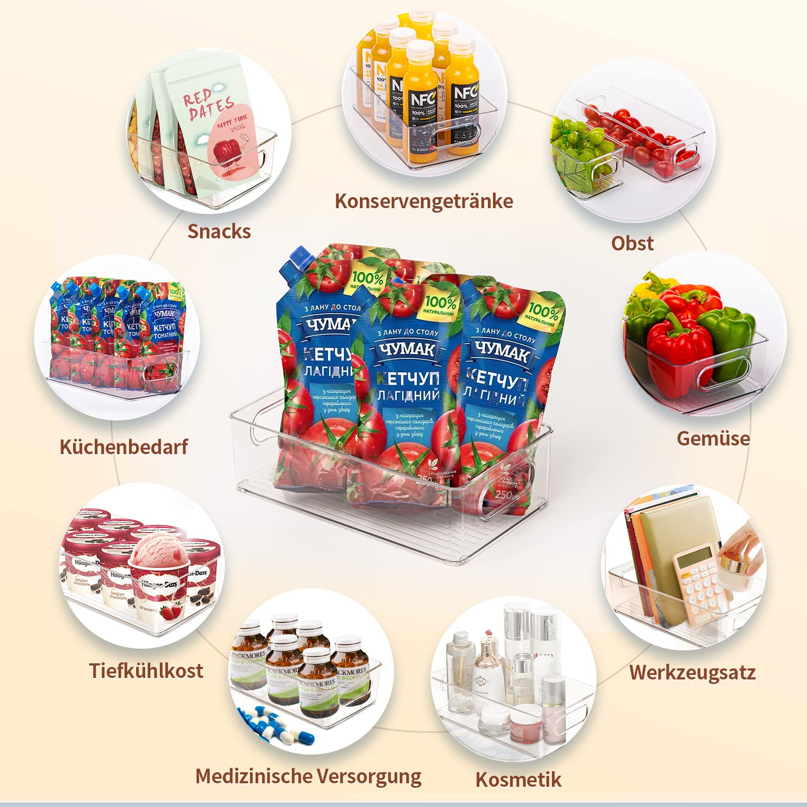 Kühlschrank Organizer 6er Set, Stapelbare Küche Aufbewahrungsbox & Organisation Gschublade Fridge Organizer Box, Kitchen BPA Frei Storage Ideal für Küchen, Kühlschrank, Schränke- BPA-frei