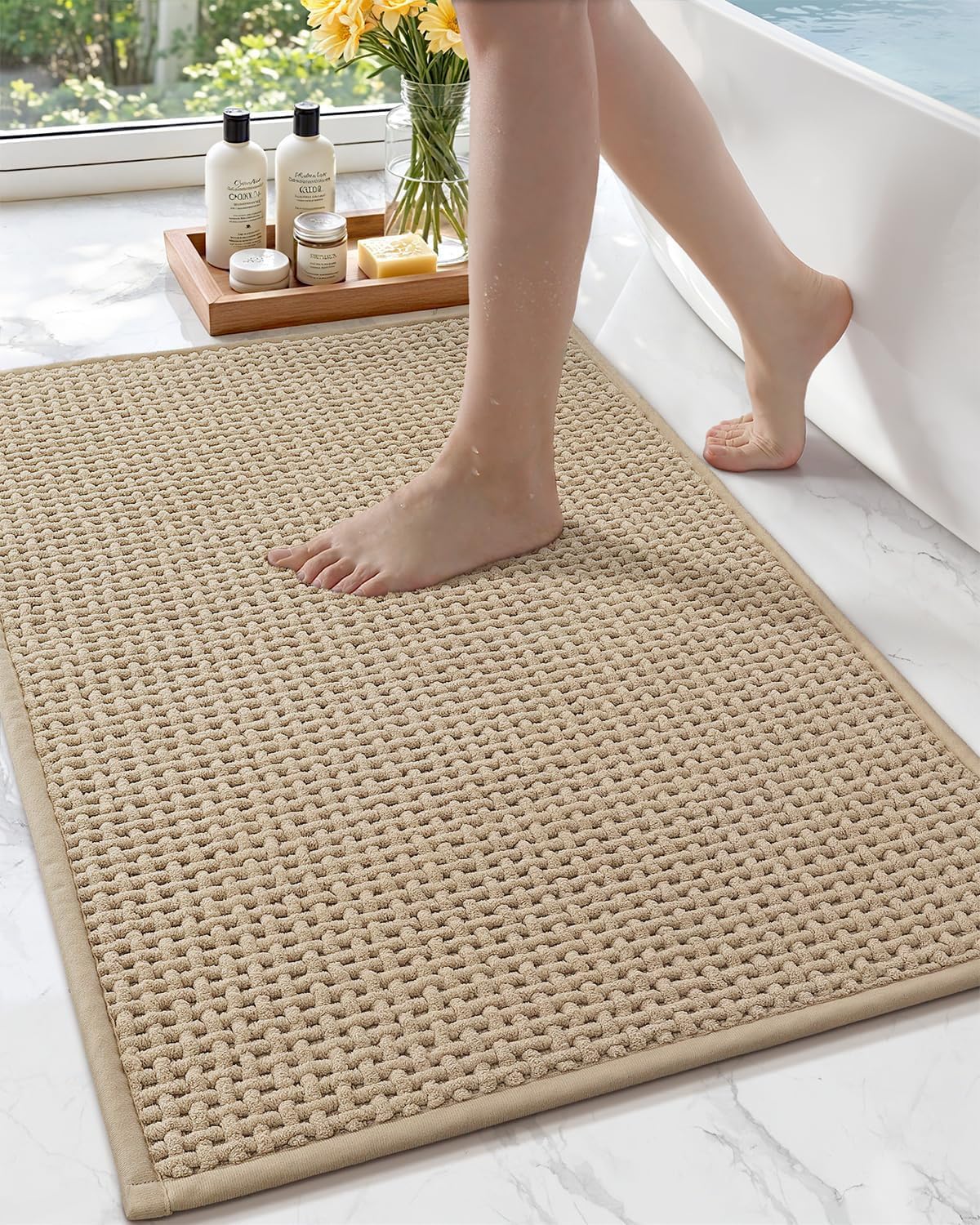 COLOR&GEOMETRY Badematte 60x90cm Beige Chenille, rutschfest saugfähig | Gummiboden rutschfest, ultraweich aus Chenille, saugfähig & waschbar Badvorleger für Bad, Dusche, Wanne