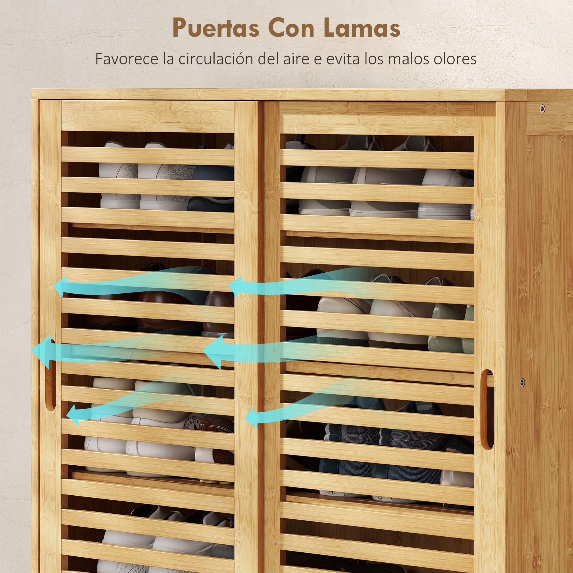 HOMCOM Zapatero de Bambú con 2 Puertas Correderas de Lamas, Zapatero Entrada Recibidor con Estantes Ajustables, para 16 Pares de Zapatos, 80x35x80 cm, Natural