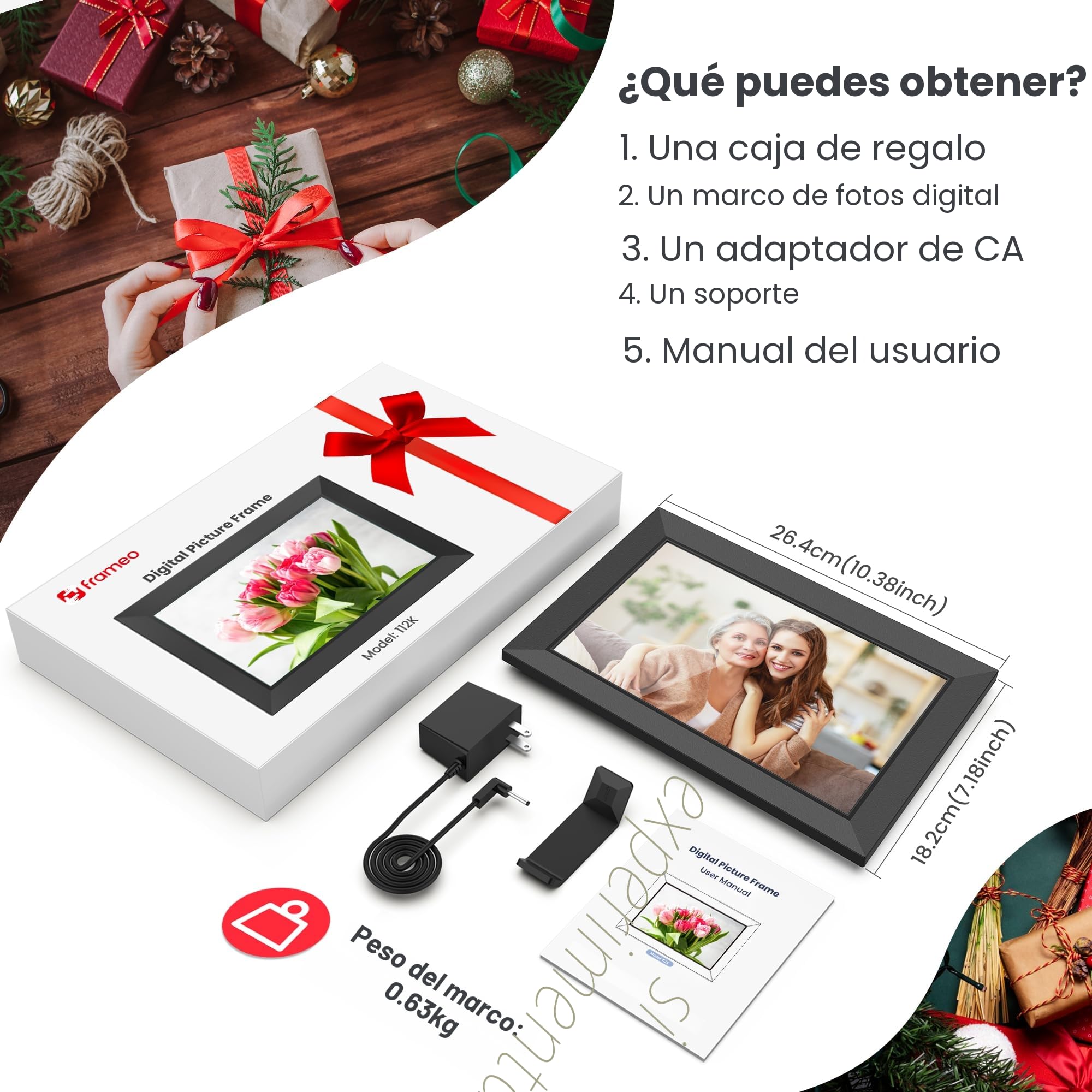 Frameo Marco de Fotos Digital WiFi 10.1 Pulgadas, Memoria Incorporada 32GB, HD 1280x800 IPS, Pantalla Táctil para Fotos/Videos, Soporte Multilingüe, Rotación Automática, Montaje en Pared