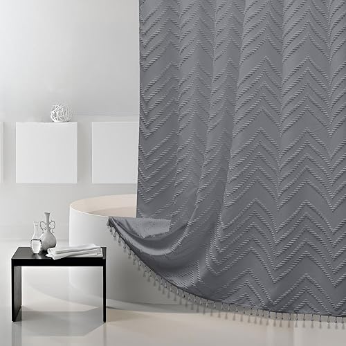 Cortina de ducha extra larga de estilo bohemio gris con borla, tela tejida de 84 pulgadas, cortina de ducha copetuda, rayas cheurón, 72 x 84