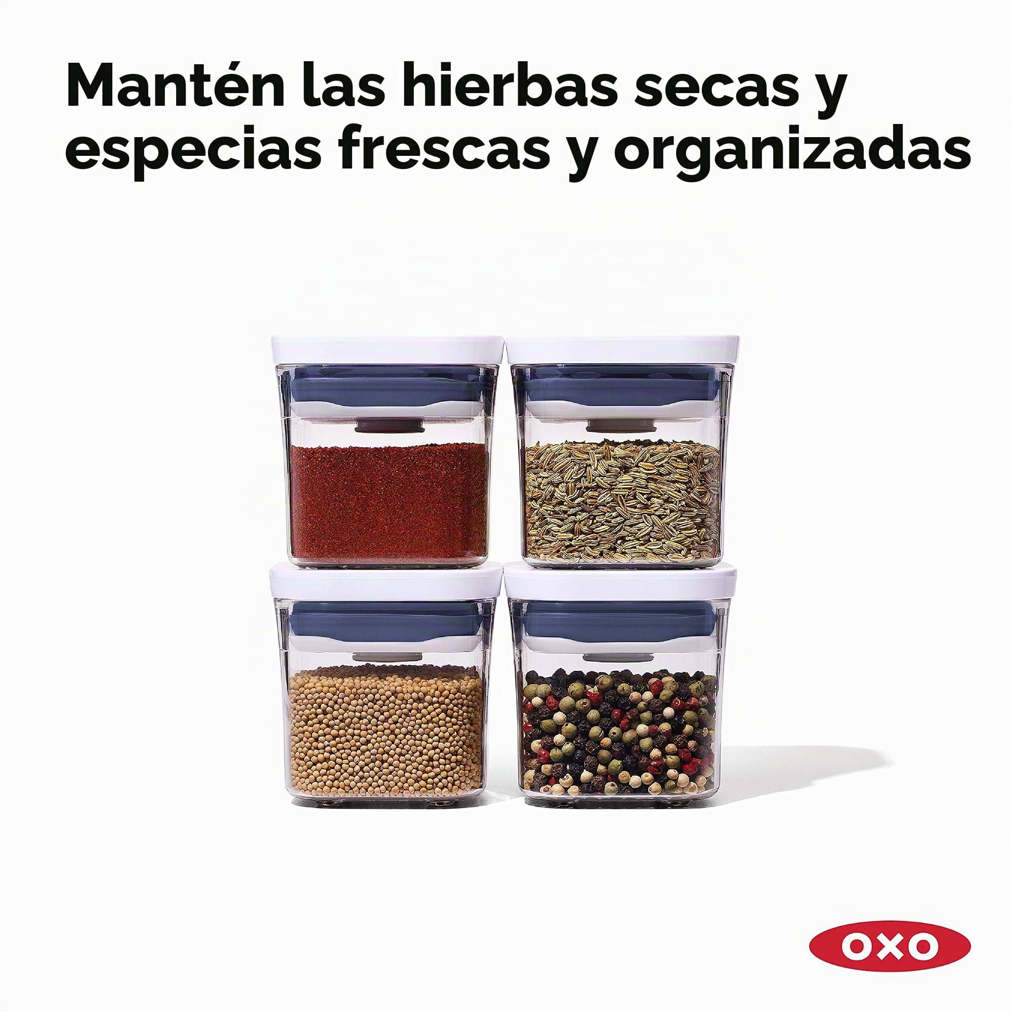 OXO Good Grips Juego de 4 Contenedores Mini POP: Almacenamiento Hermético de Alimentos para Especias + Sello de Botón a Presión + Diseño Apilable y Compacto + Apto para Lavavajillas (Paquete de 2)