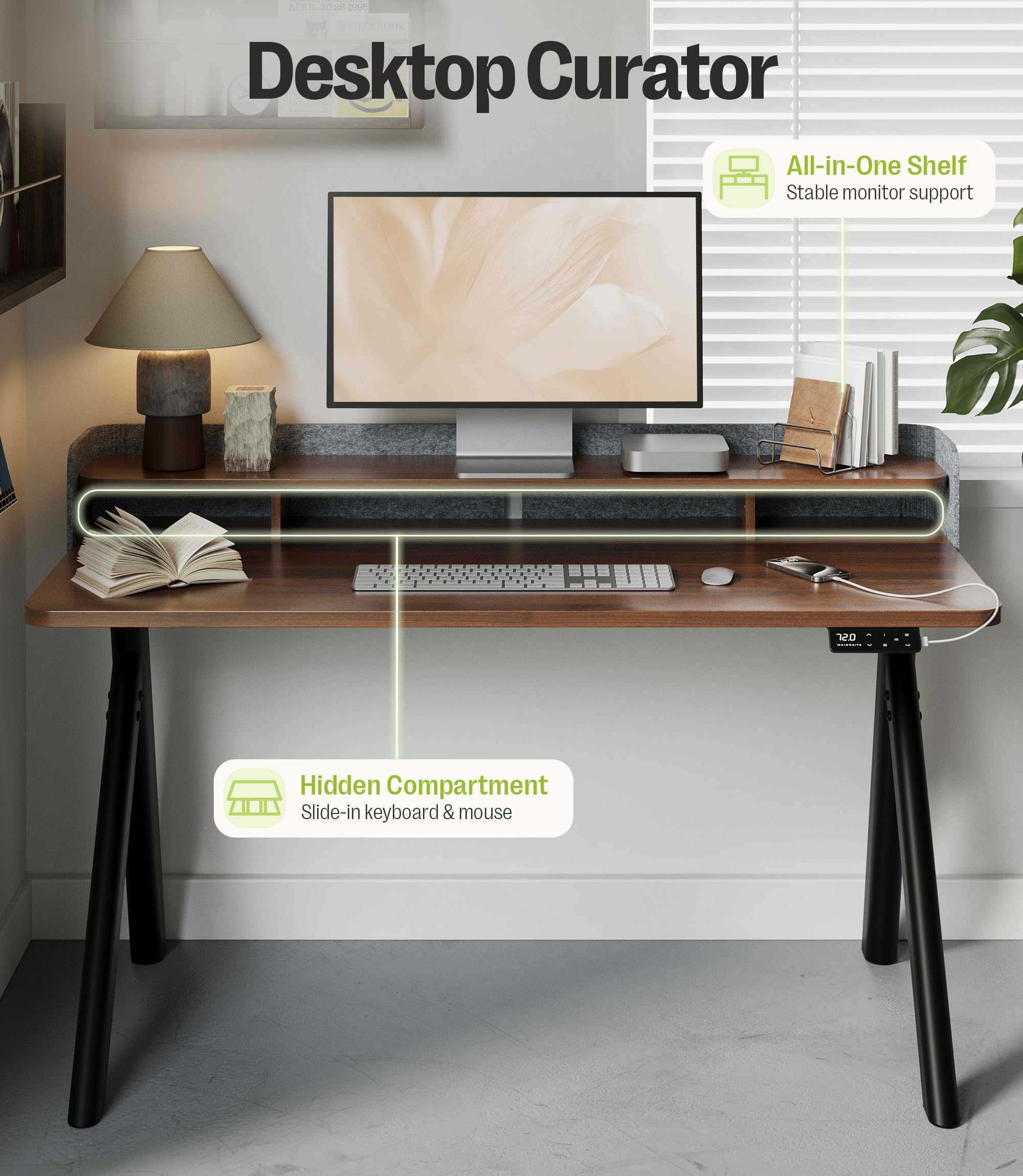MAIDeSITe Mesa Escritorio Elevable 140x70cm, Estable Eléctrica Elevable Escritorio con Patas Ovaladas Ramificadas, Soporte para Monitor y Pantalla de Fieltro Privada, Mesa para Oficina Hogar