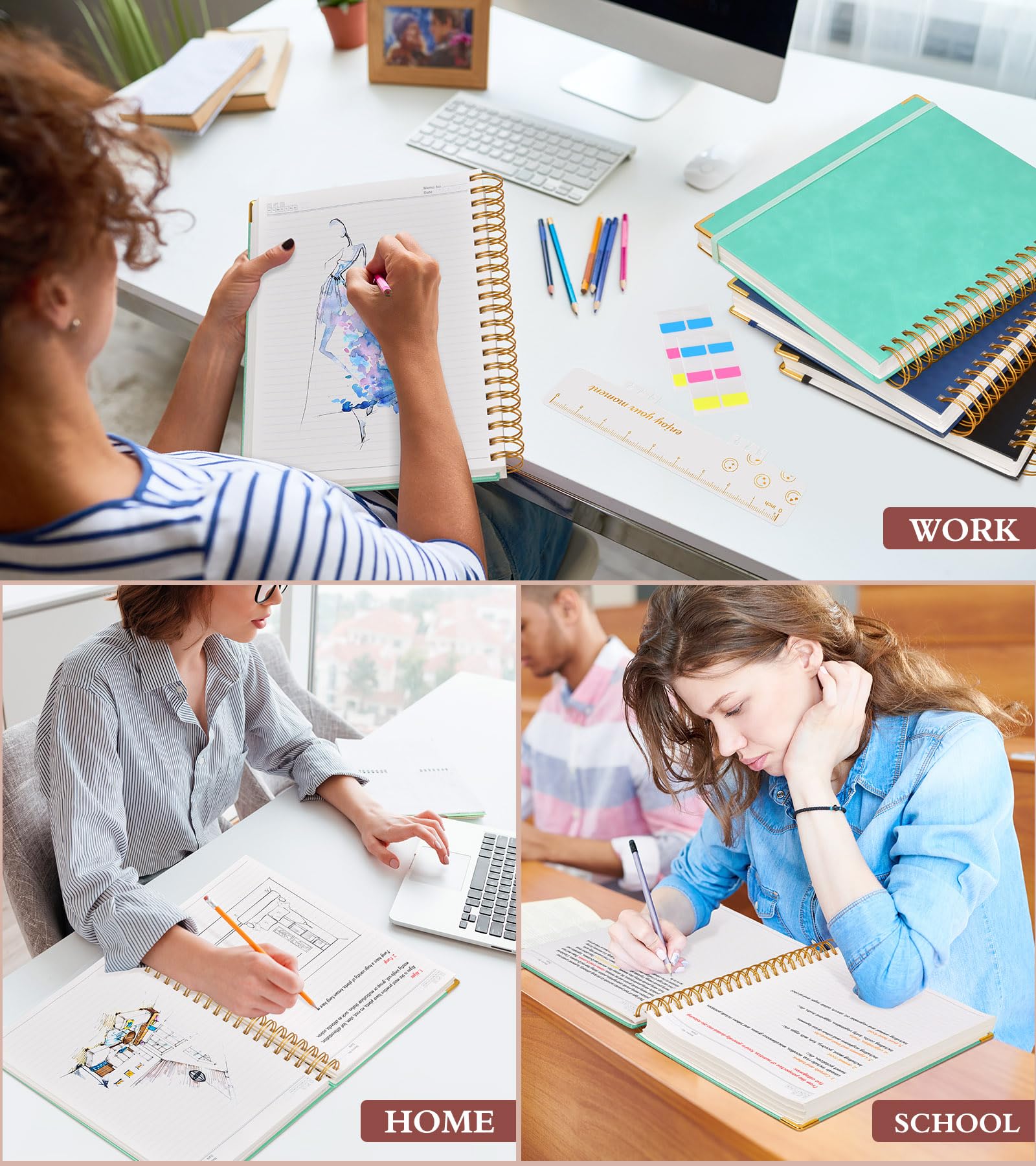 Carnet à spirale 21,6 x 27,9 cm, 300 pages avec couverture rigide et ligné en cuir pour homme et femme, format A4 avec papier épais de 100 g/m², journal à spirale pour écriture, travail, école, bleu
